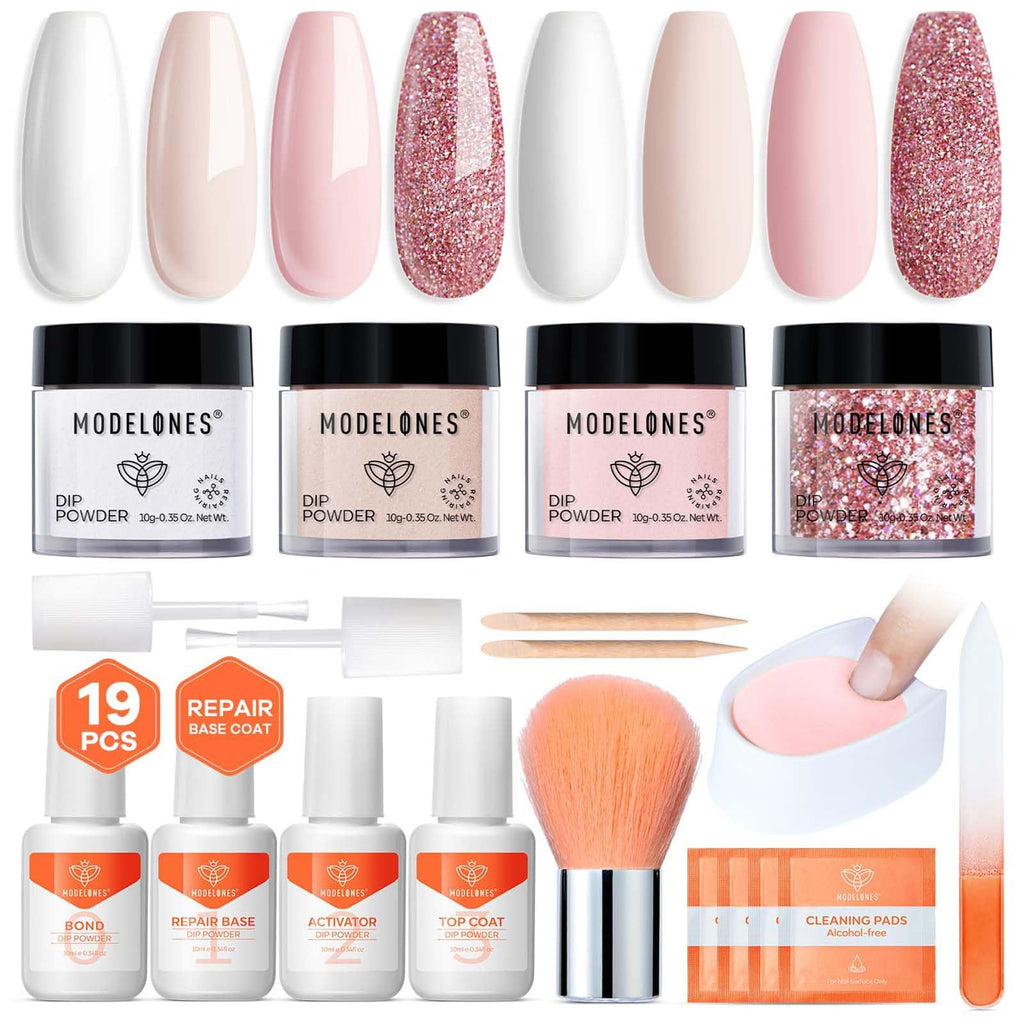Modelones Pink Dip Powder Nail Kit – 4 Colors, No Lamp Needed, DIY French Nails at Home