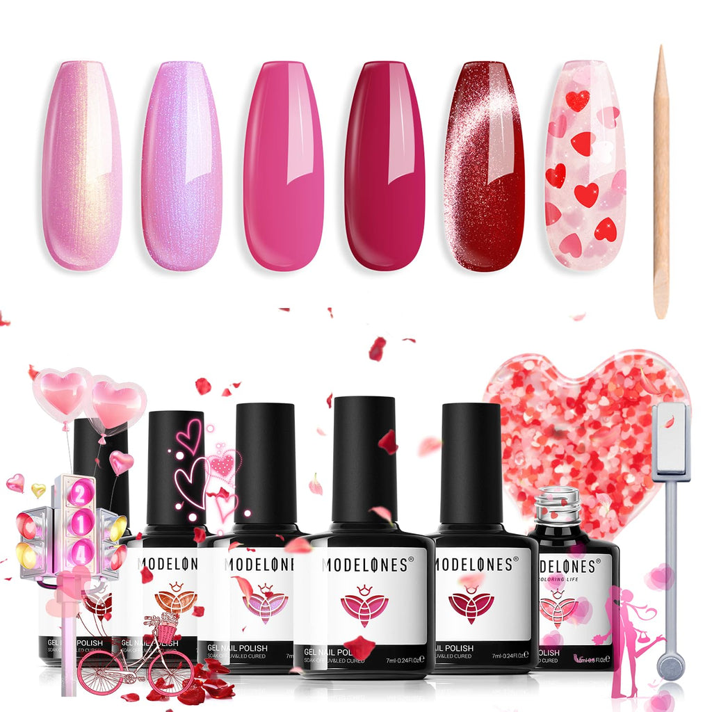 Modelones Gel Nail Polish Set – 6 Cat Eye Colors with Magnet & Wooden Pen