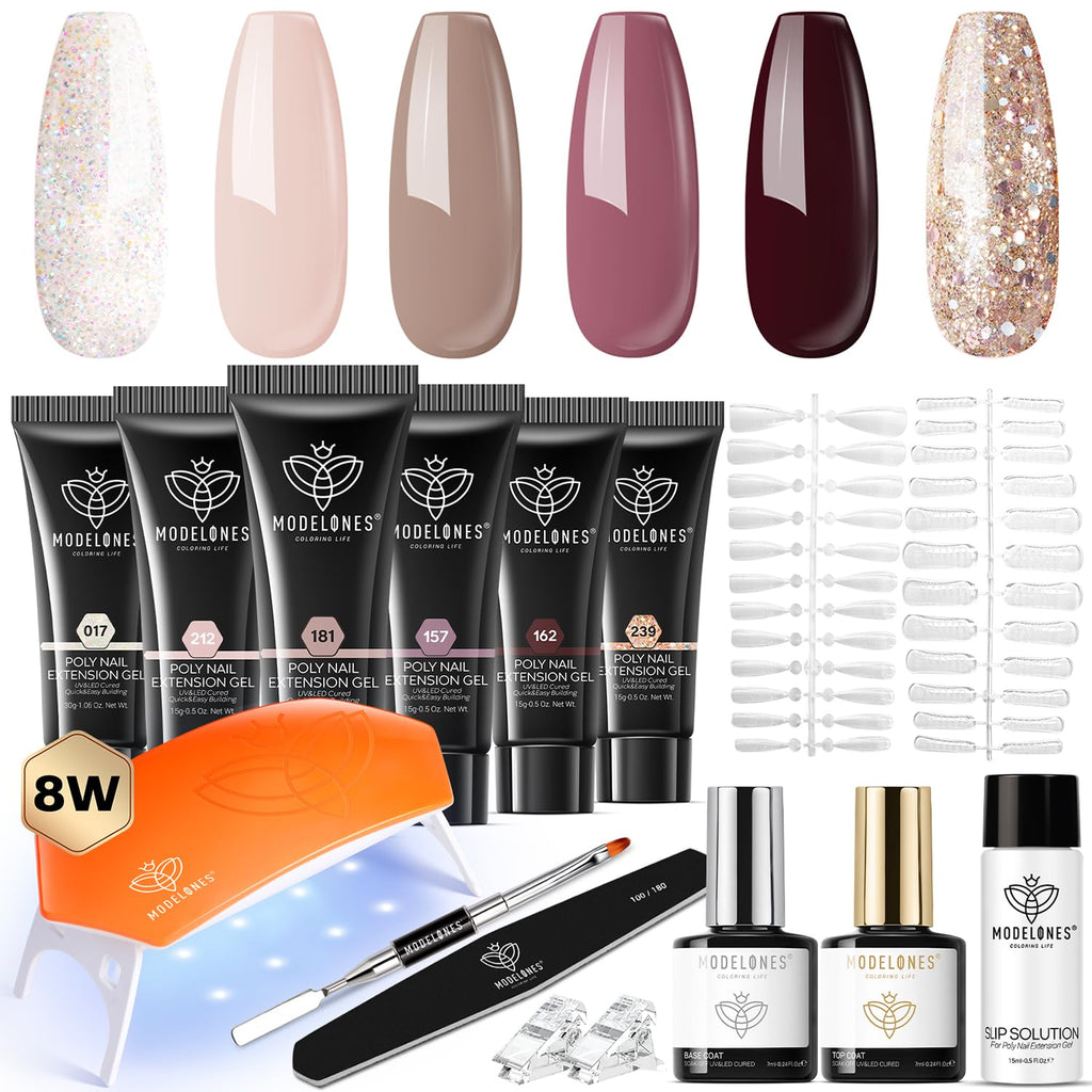Modelones Poly Extension Gel Nail Kit — 6 Colors + 8W Lamp | Beginner DIY at Home