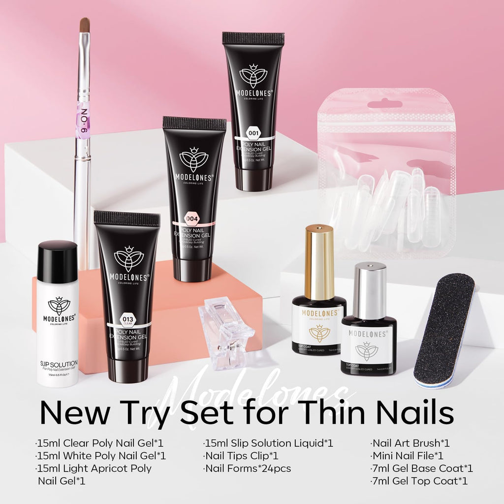 Modelones Poly Gel Nail Kit — Clear, White & Apricot + Slip Solution & Dual Nail Forms