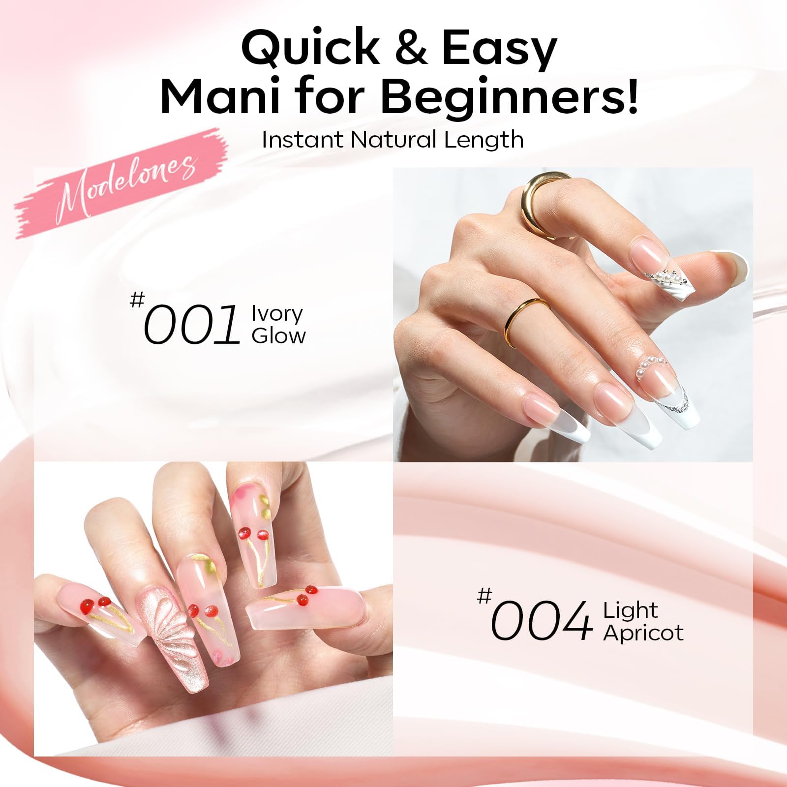 Modelones Poly Gel Nail Kit — Clear, White & Apricot + Slip Solution & Dual Nail Forms