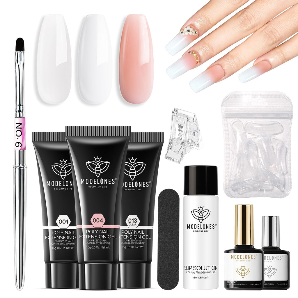 Modelones Poly Gel Nail Kit — Clear, White & Apricot + Slip Solution & Dual Nail Forms