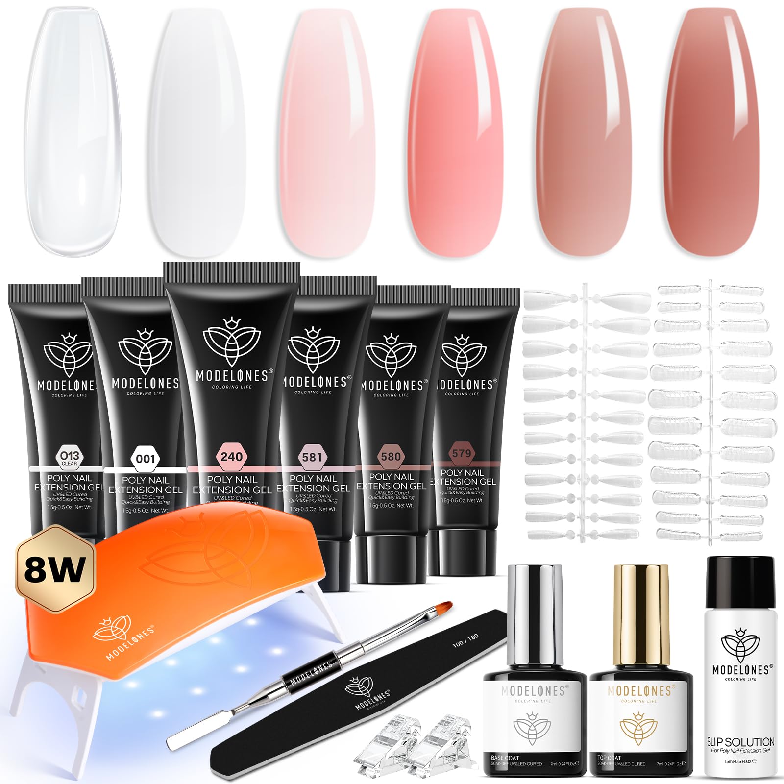 Modelones Poly Nail Gel Kit: 6 Colors + 8W Lamp for At-Home Nails