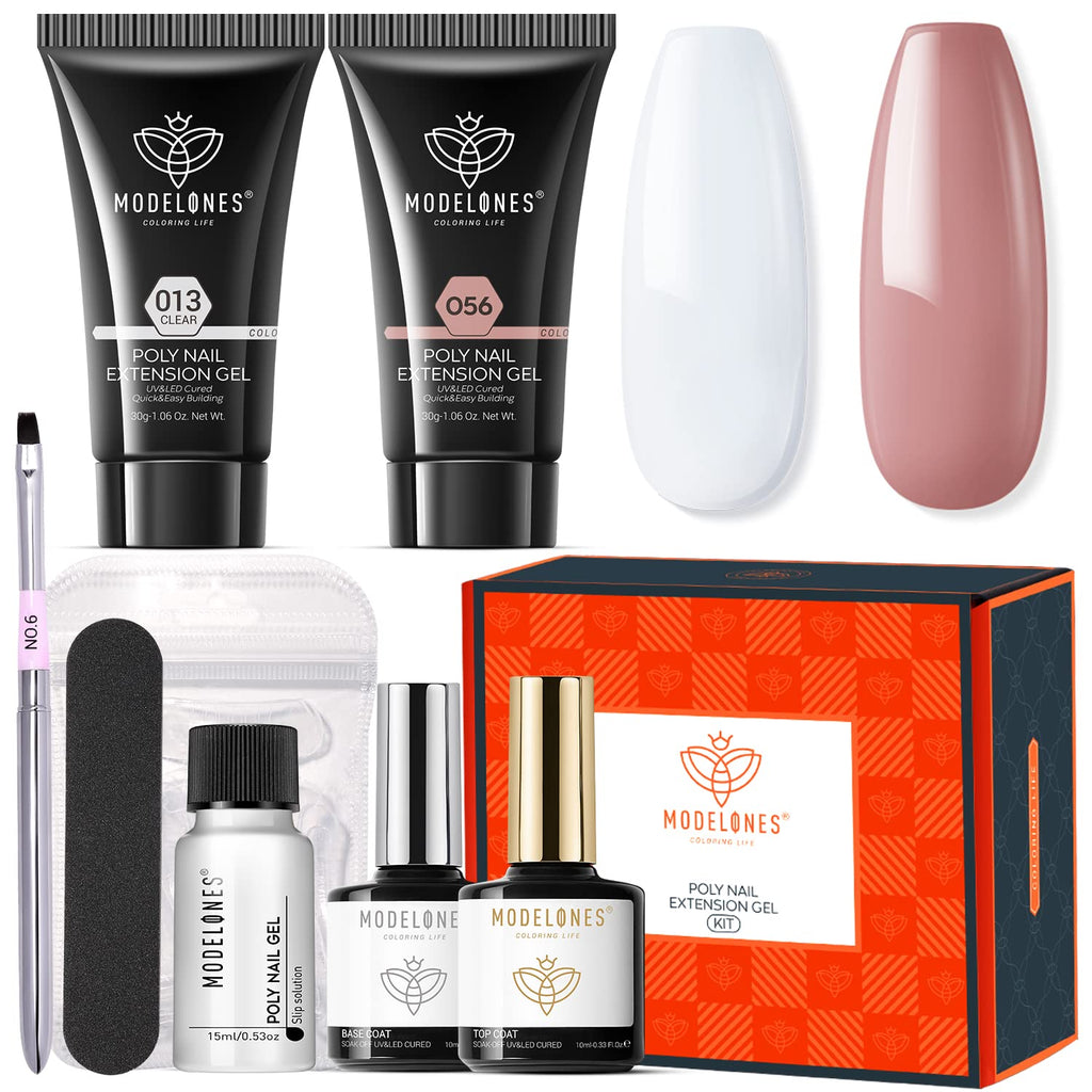 Modelones Poly Nail Gel Kit 30ml – 2 Colors (Clear & Apricot) with Slip Solution | DIY Nail Extension Starter
