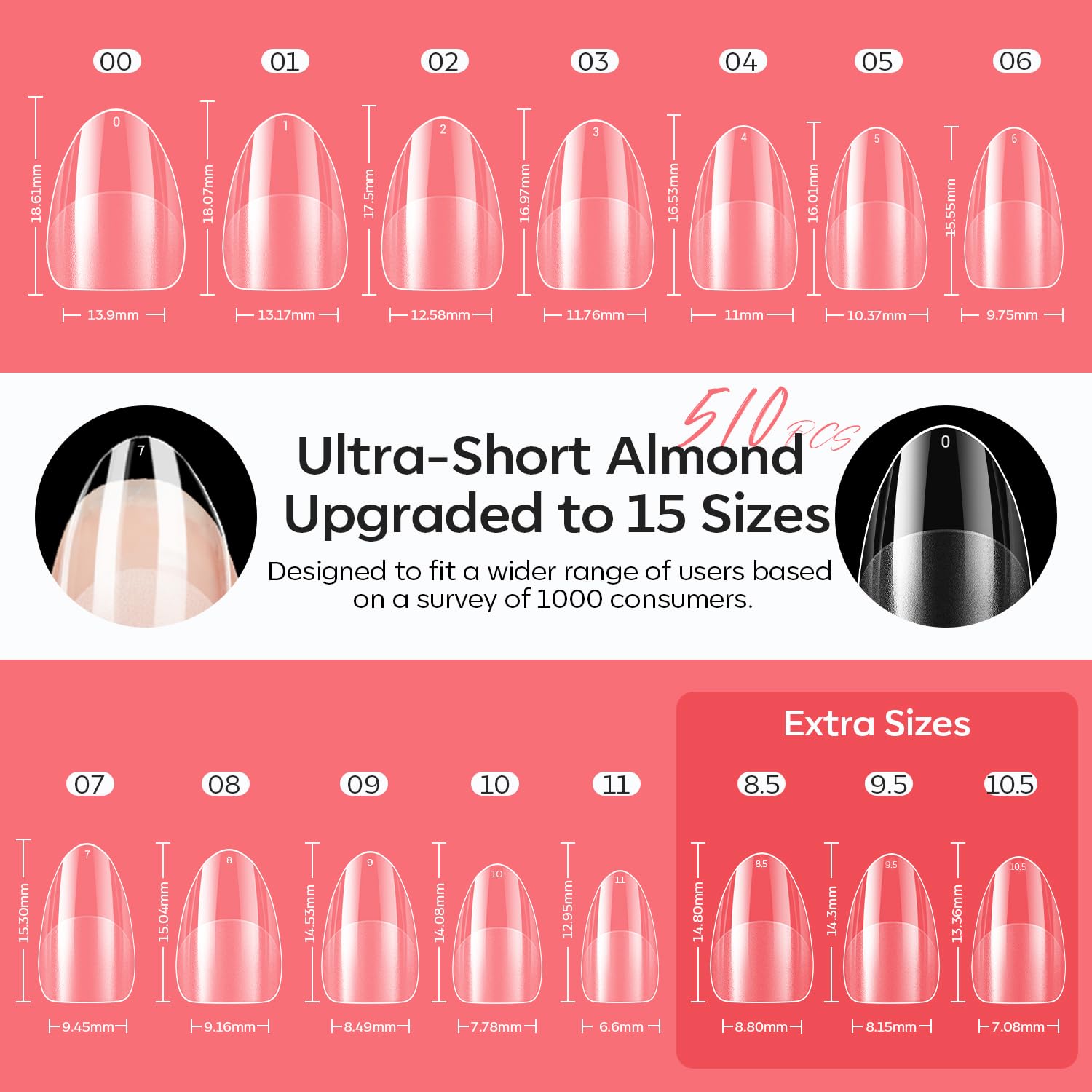 Modelones X Nail Gel Kit Almond – 15 Sizes, 9-in-One Glue, Portable UV/LED Lamp