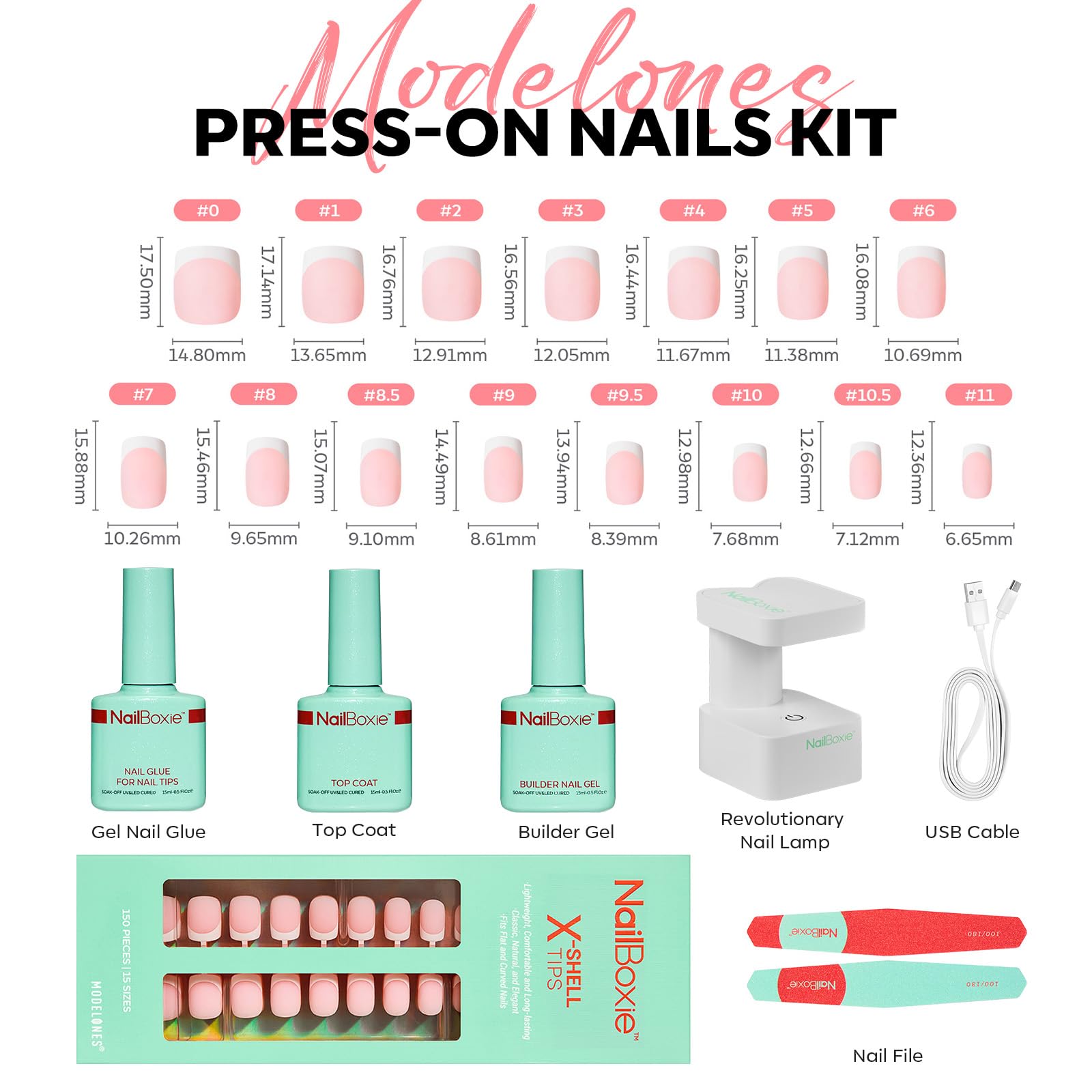 Modelones Gel Nail Kit with LED Light – 150 PCS Press-On Nails, Short Pink Square, 15 Sizes
