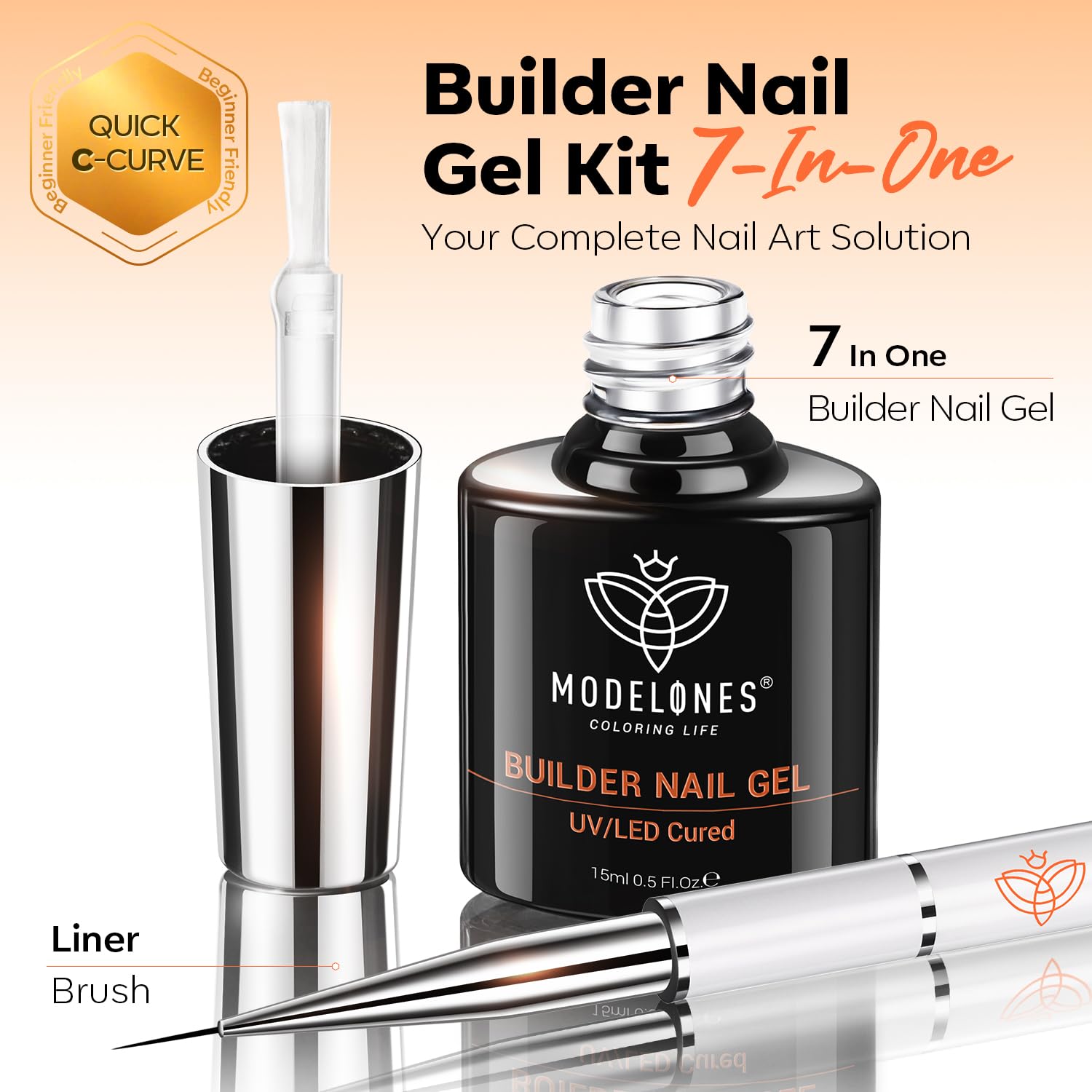 Modelones Builder Nail Gel 7-in-1 Clear Gel with 9mm Brush | 15ml, LED Curing