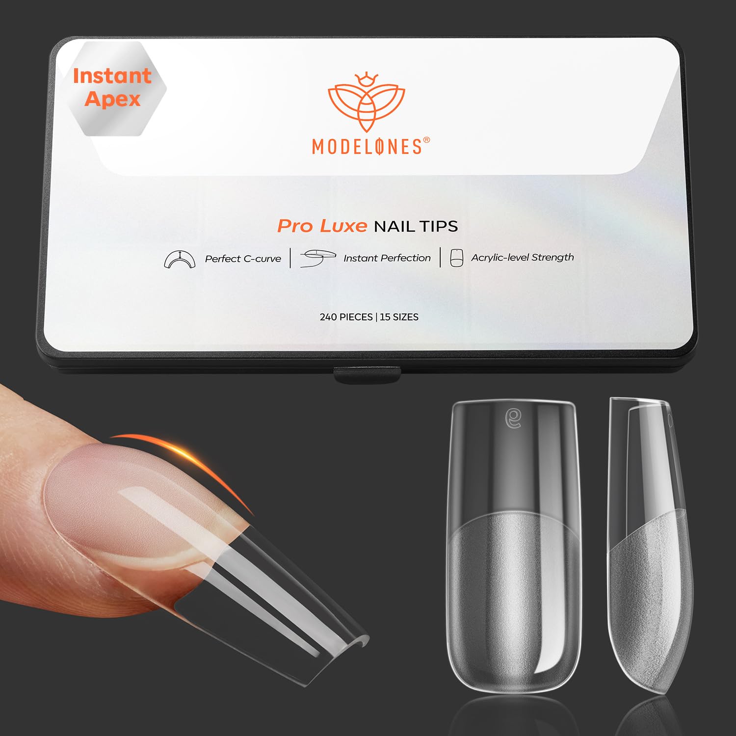 modelones Pro Luxe Instant Nail Apex Tips – Medium Square Pre-Built Extension, 240 Pcs, 15 Sizes