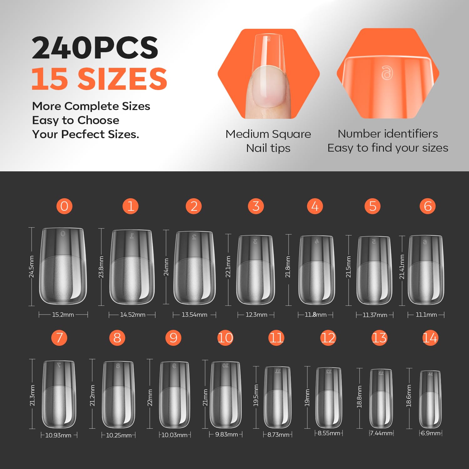 modelones Pro Luxe Instant Nail Apex Tips – Medium Square Pre-Built Extension, 240 Pcs, 15 Sizes