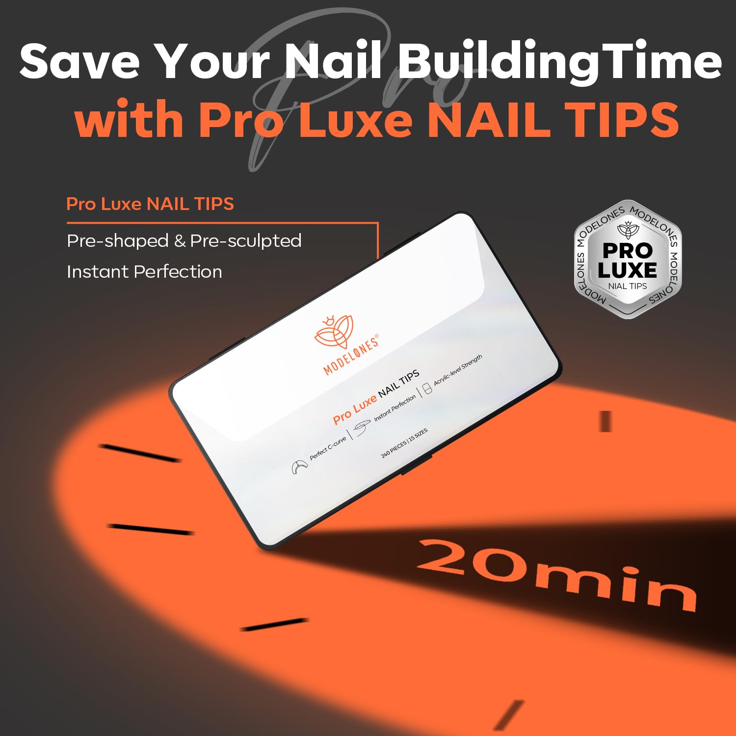 modelones Pro Luxe Instant Nail Apex Tips – Medium Square Pre-Built Extension, 240 Pcs, 15 Sizes