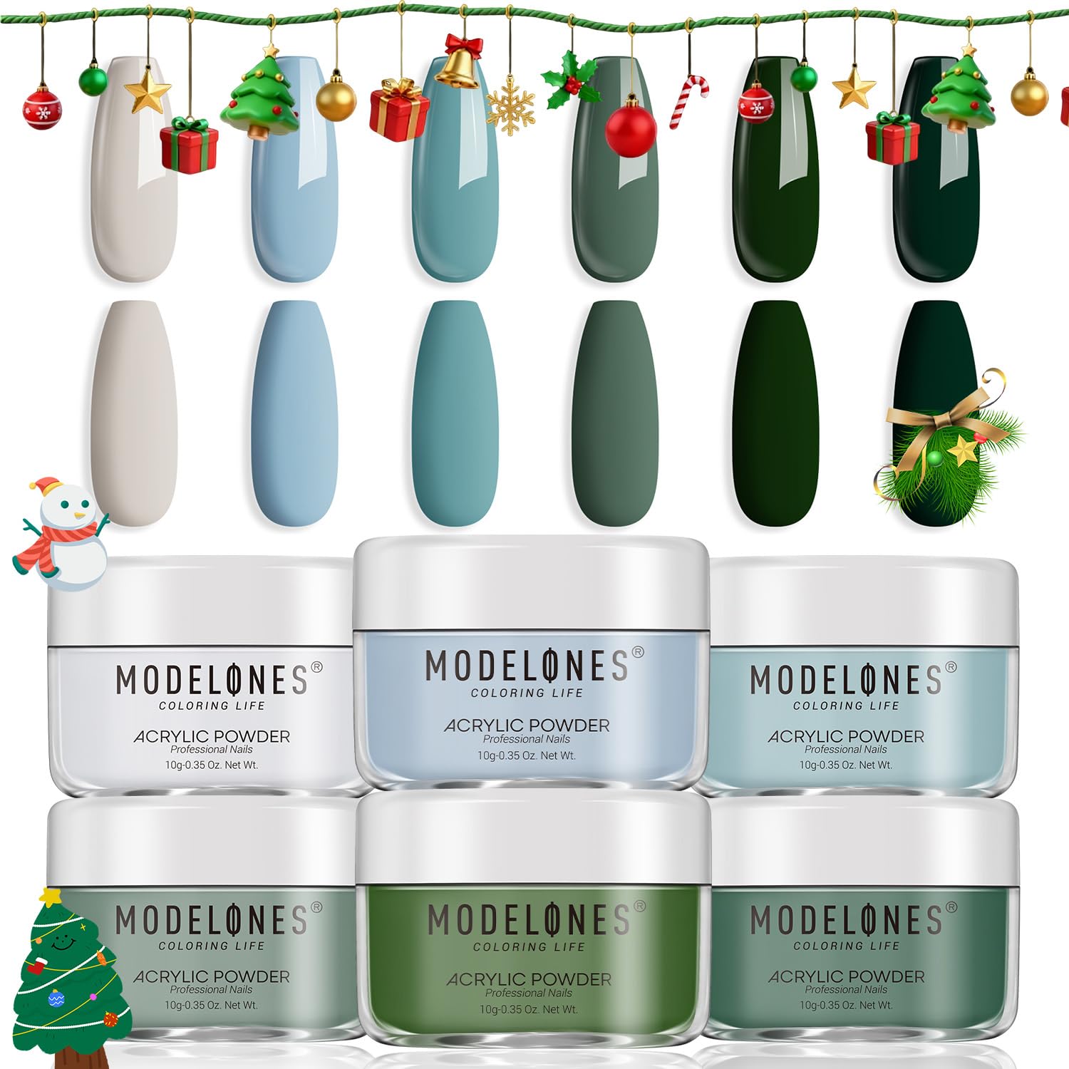 Modelones Acrylic Powder Kit — 6 Spring Colors for DIY Nail Art (Sage Green, Mist Blue, Light Grey, Dark Olive, Matcha, Avocado) - No Lamp Needed