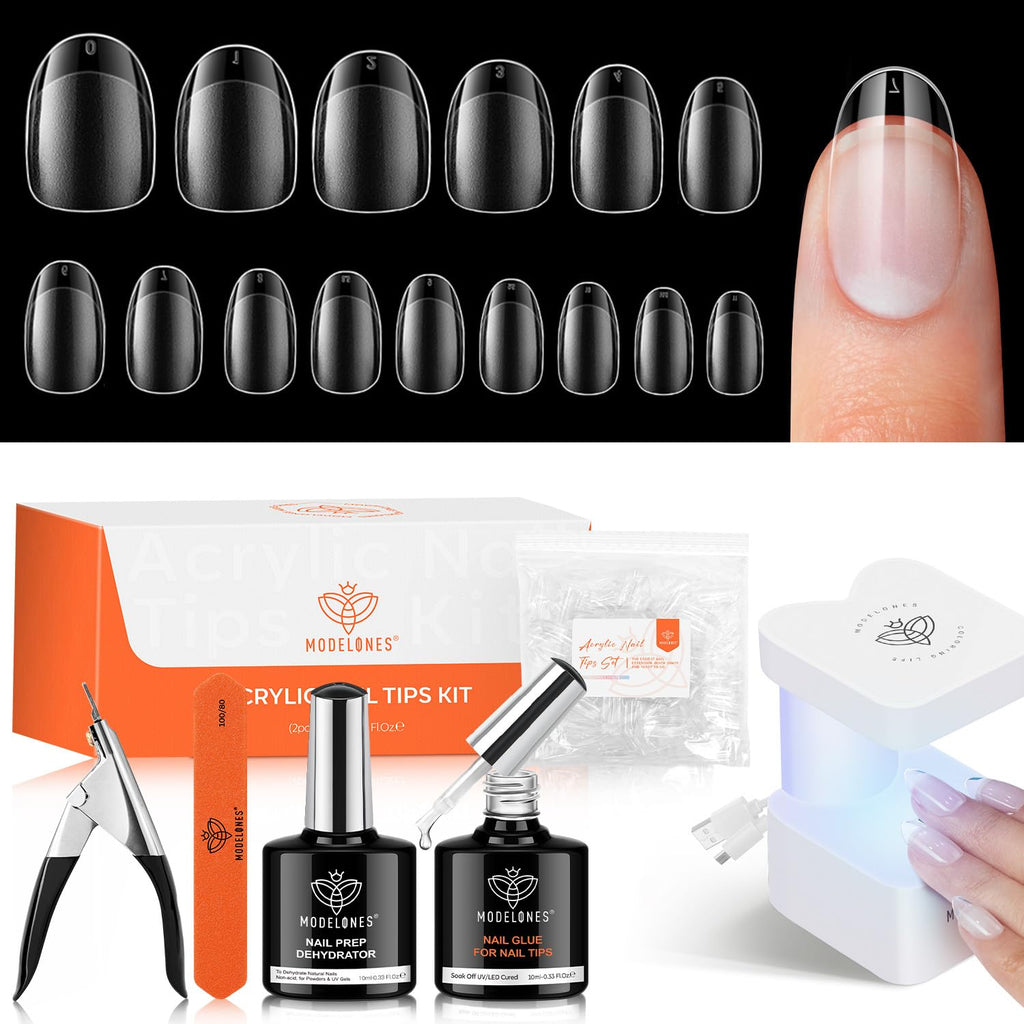 Modelones X Nail Gel Kit: 510 Short Oval Tips, 9-in-1 Glue, UV/LED Lamp