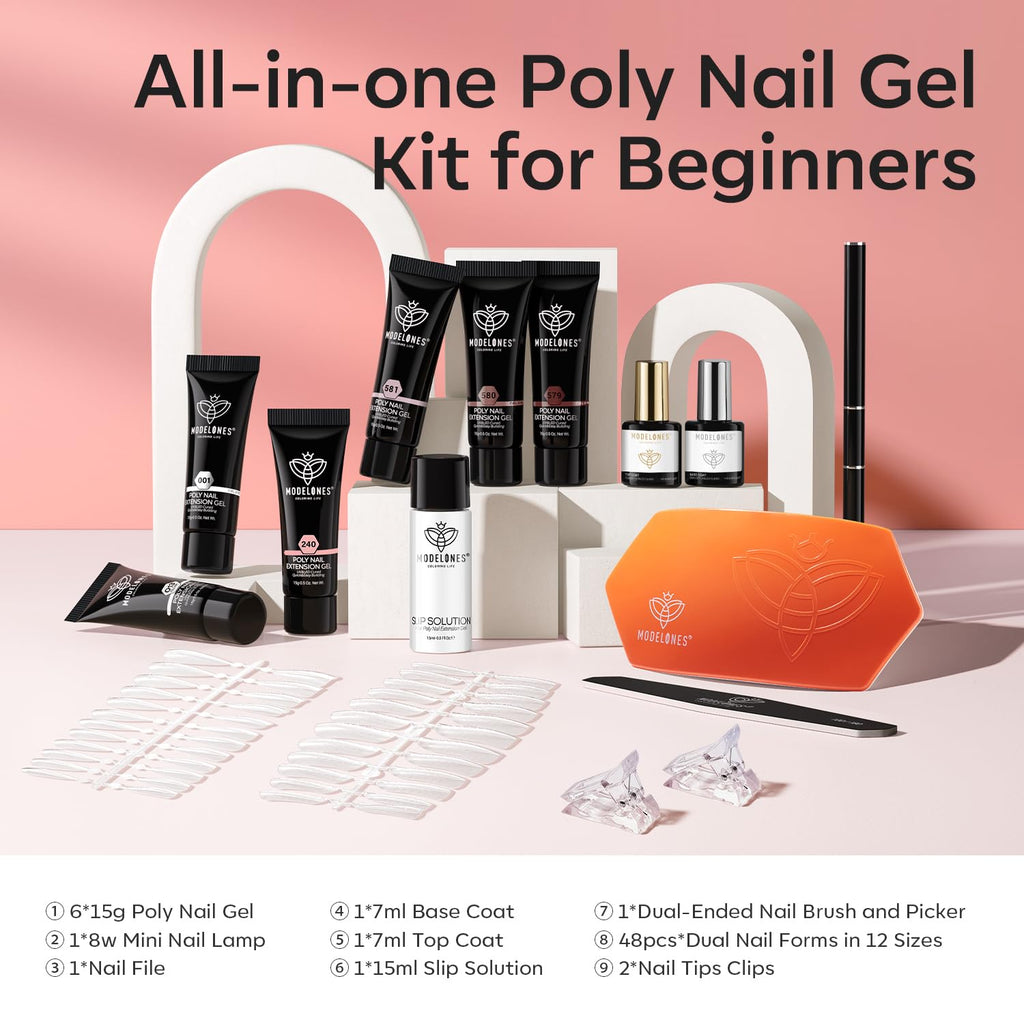 Modelones Poly Nail Gel Kit: 6 Colors + 8W Lamp for At-Home Nails