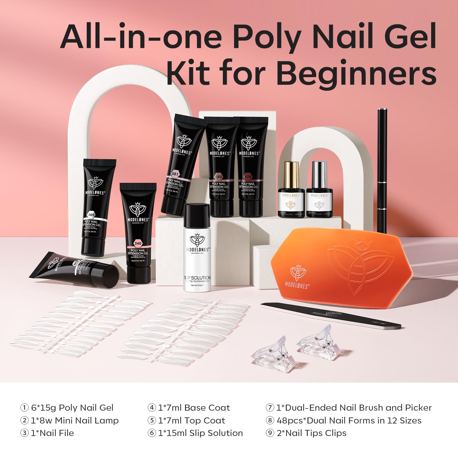 Modelones Poly Nail Gel Kit: 6 Colors + 8W Lamp for At-Home Nails