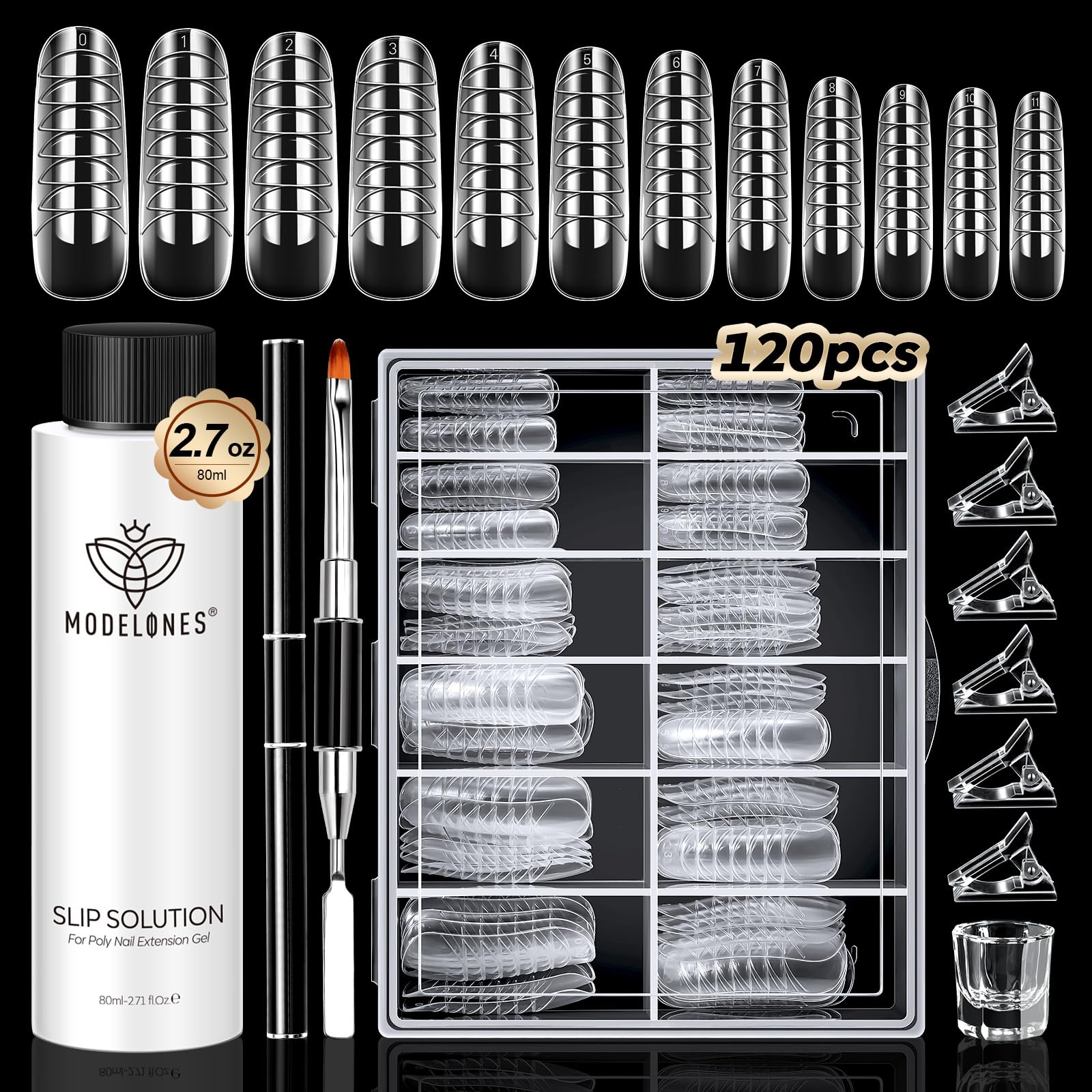 Modelones Slip Solution for Poly Gel – 2.8oz Anti-Stick Liquid with 120 Dual Nail Forms Kit