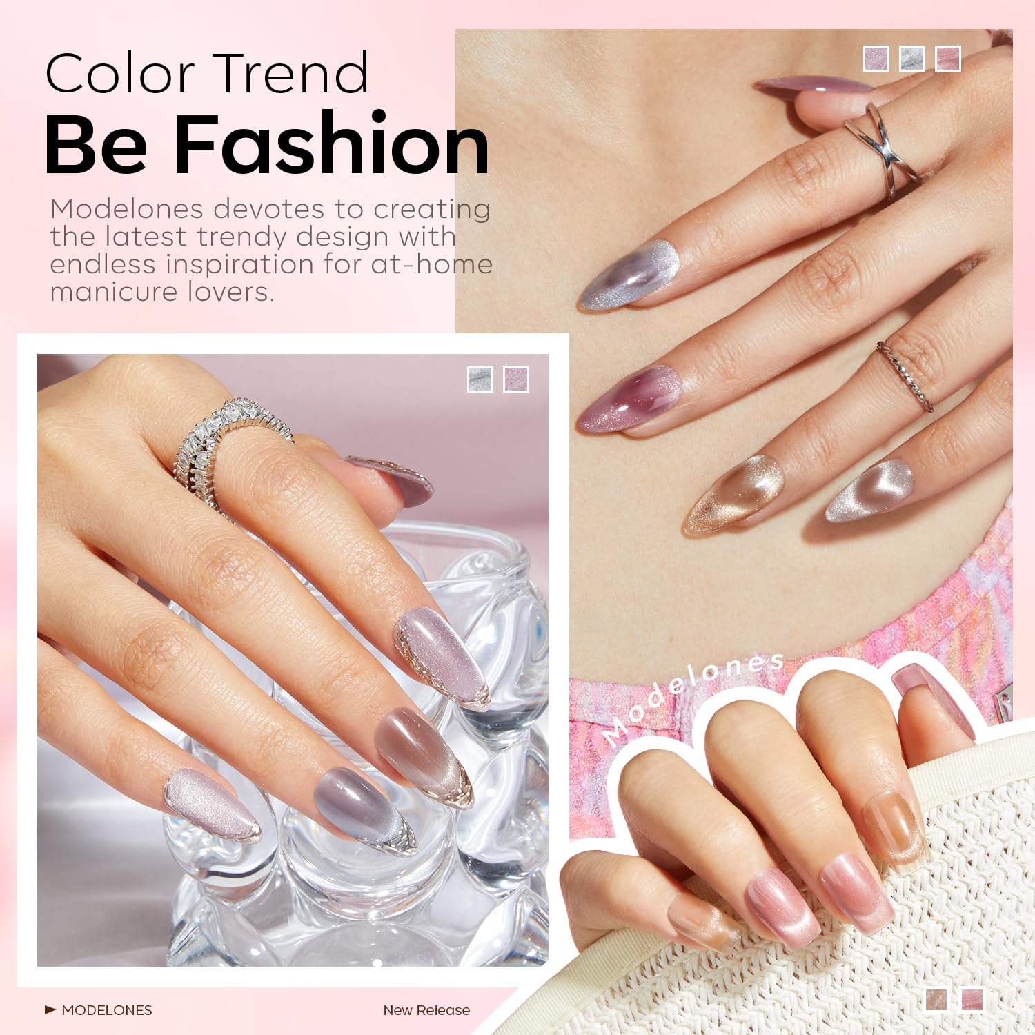 Modelones Gel Nail Polish Set – 6 Nude Pink Cat Eye Polishes + Magnetic Stick (9D Glassy)