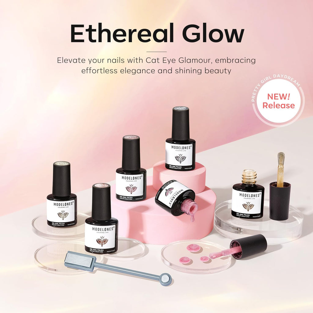Modelones Cat Eye Gel Nail Polish Set — Holographic Glitter, 6 Colors + Magnet