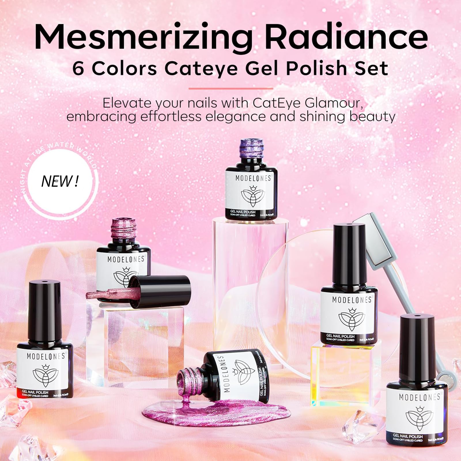 Modelones Holographic Cat Eye Gel Nail Polish Kit – 6-Color Rainbow Galaxy Set with Magnet