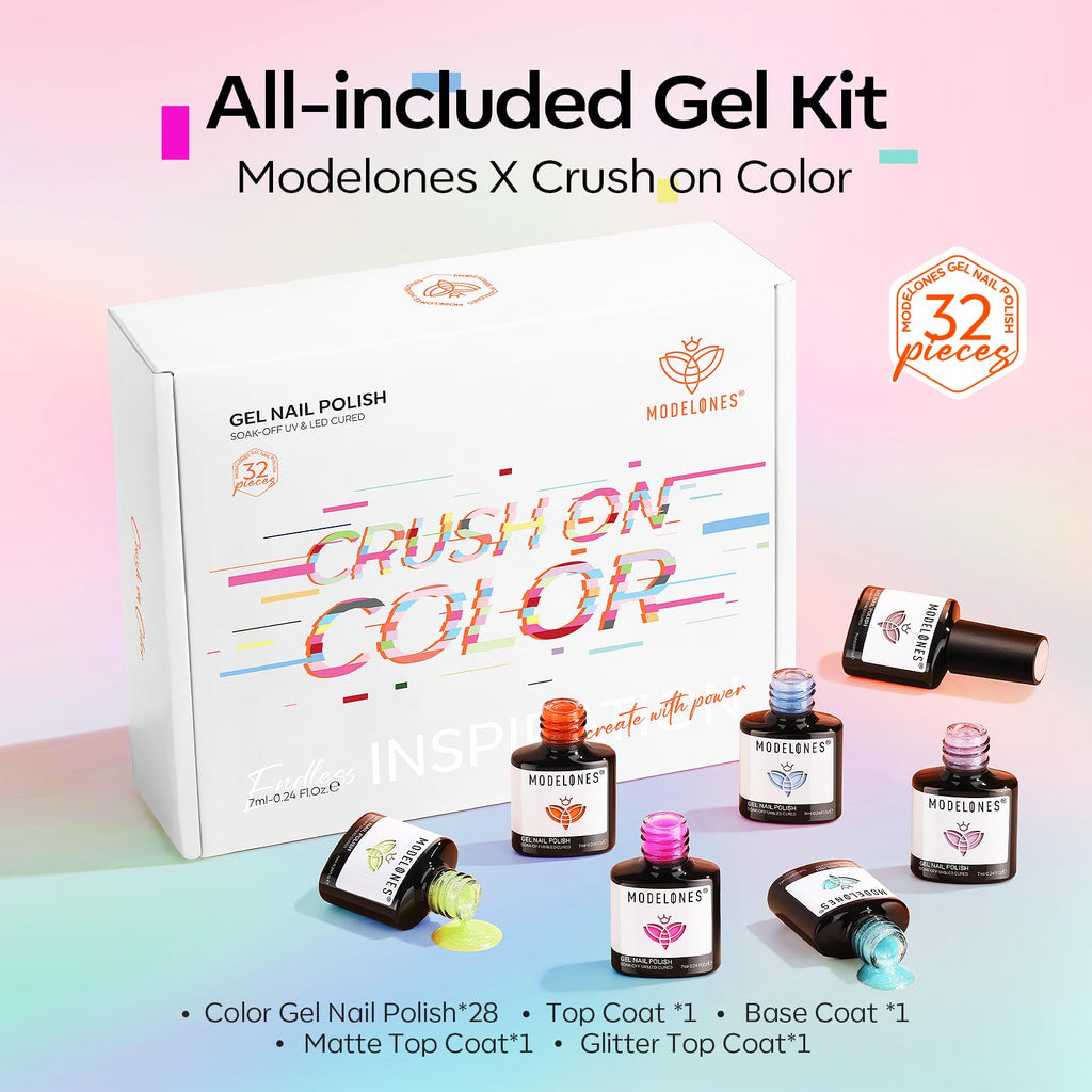 Modelones 32-Color Gel Nail Polish Set with Cat Eye & Magnet – No-Wipe Base & Top Coats