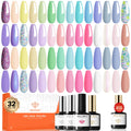 Modelones 32 PCS Spring Gel Nail Polish Set – 28 Pastel Colors + 4 Top/Base Coats (No Wipe, Glitter, Glossy, Matte) | LED Soak-Off Kit