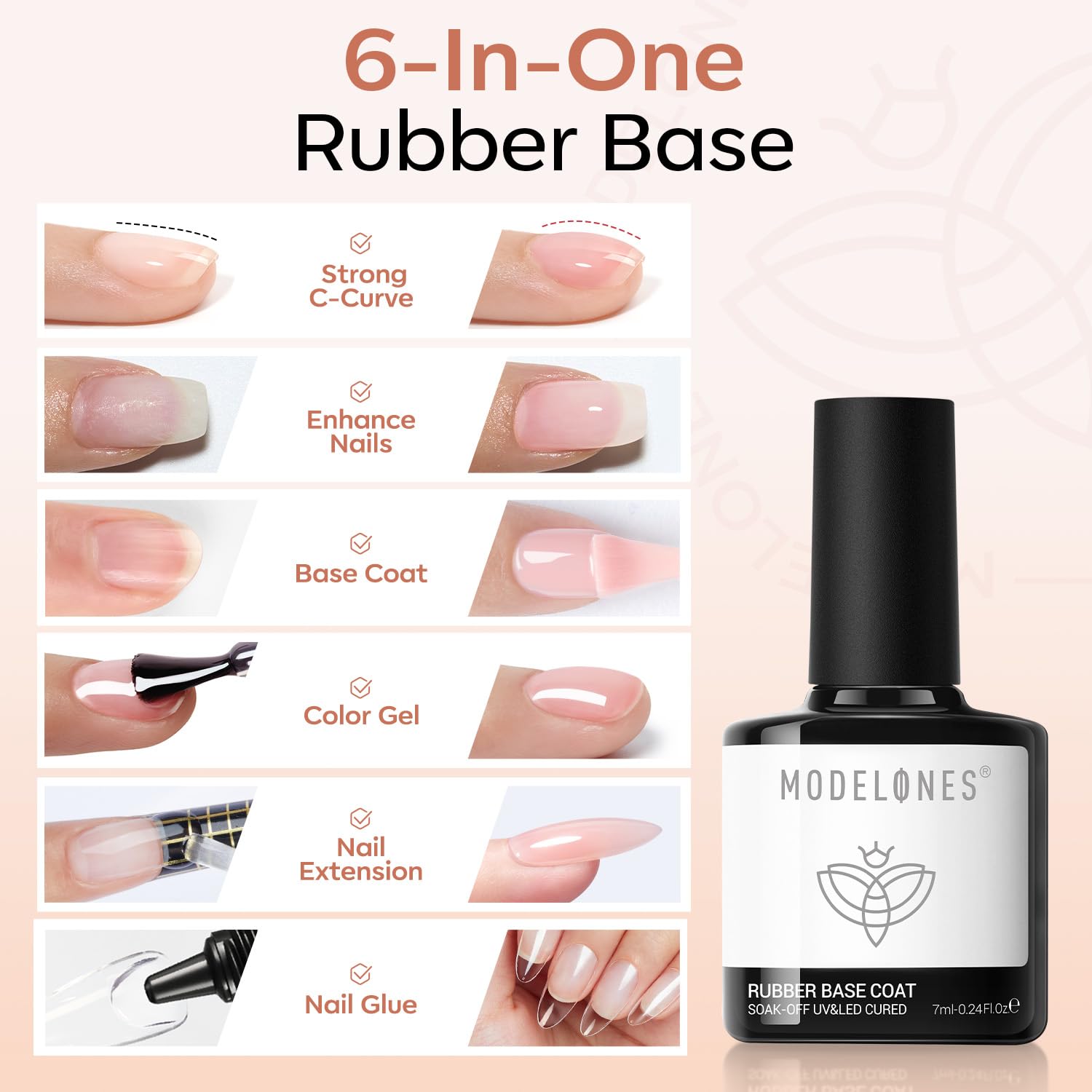 Modelones Rubber Base Builder Gel Polish — 6-Color Nude Pink Set with 6-in-1 Base Coat, Apex Builder & Extension