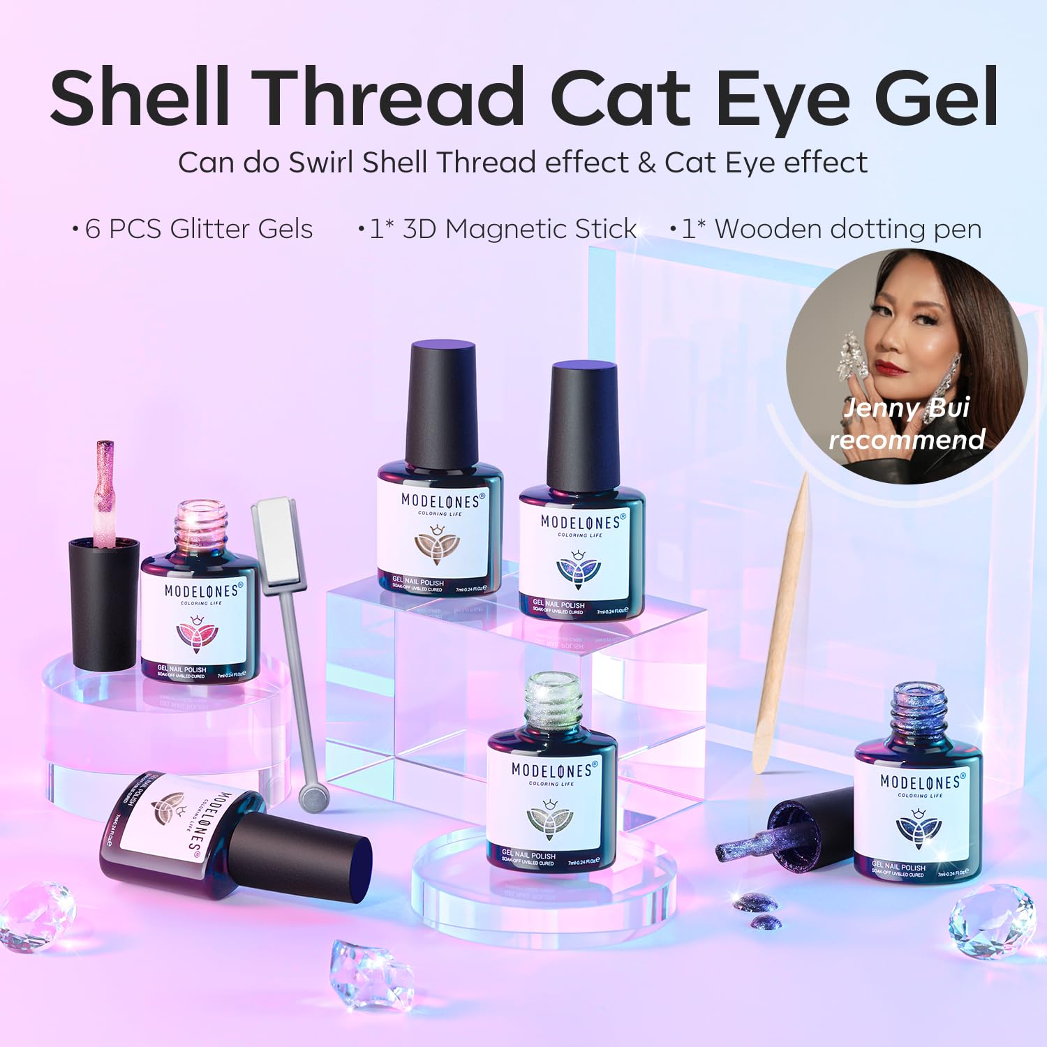 Modelones Cat Eye Gel Nail Polish Set — 6 Iridescent Mermaid Colors with Magnetic Nail Art