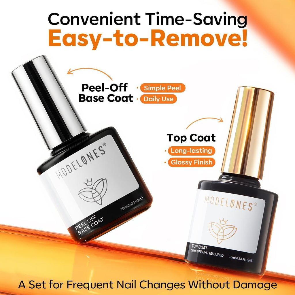 modelones Peel Off Base Coat & Gel Top Coat Set – No-Wipe Top Coat, Easy Peel, 2x10ml, Beginner Nail Art