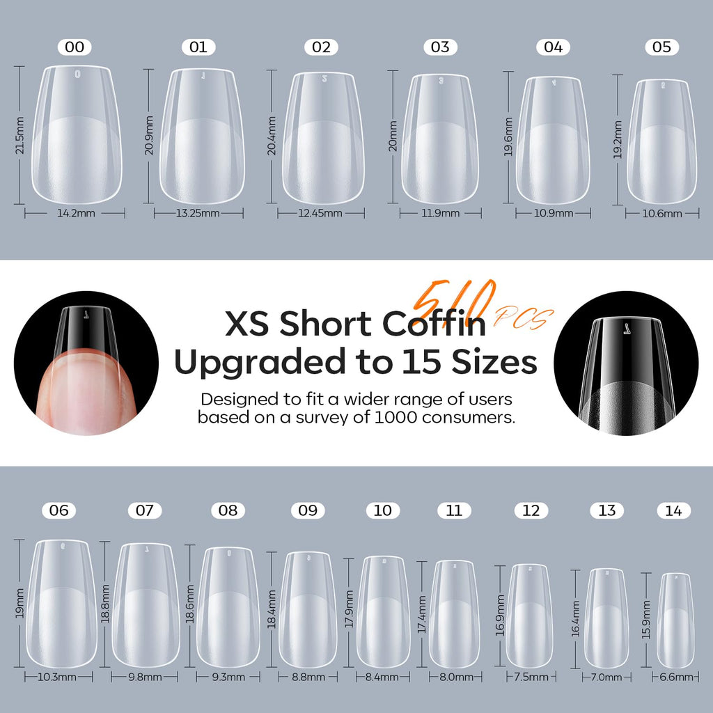 Modelones X Nail Gel Kit Short Coffin – 510pcs, 15 Sizes, 9-in-One Glue, USB UV/LED Lamp
