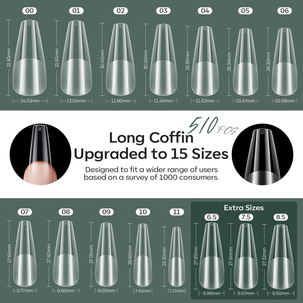 Modelones X Nail Gel Kit – 510 Pcs Long Coffin Tips, 9-in-One Glue, Portable UV/LED Lamp, Home Salon