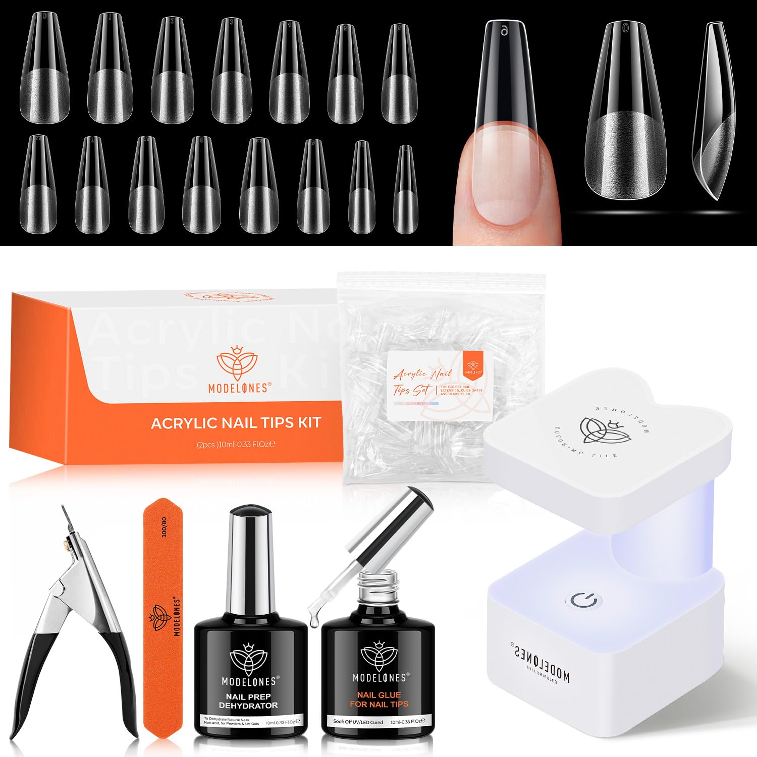 Modelones X Nail Gel Kit – 510 Pcs Long Coffin Tips, 9-in-One Glue, Portable UV/LED Lamp, Home Salon