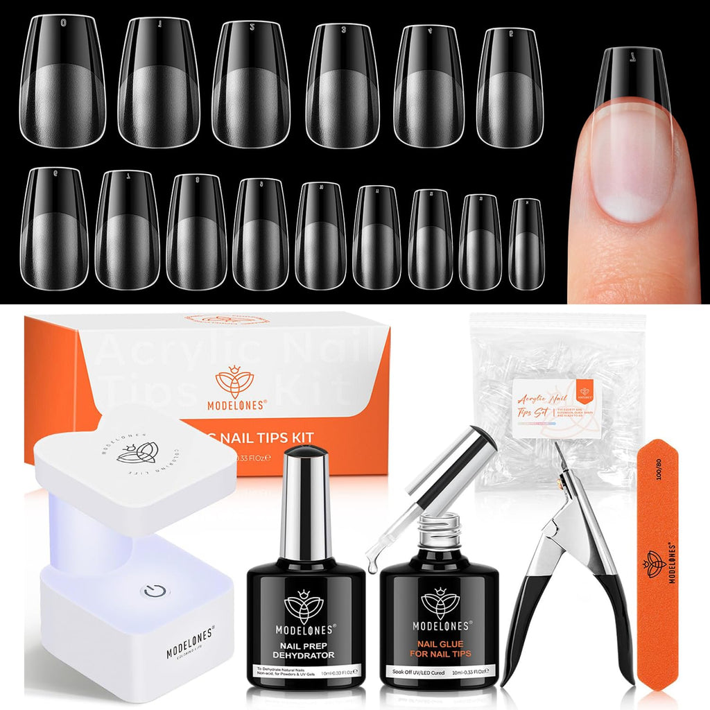 Modelones X Nail Gel Kit Short Coffin – 510pcs, 15 Sizes, 9-in-One Glue, USB UV/LED Lamp
