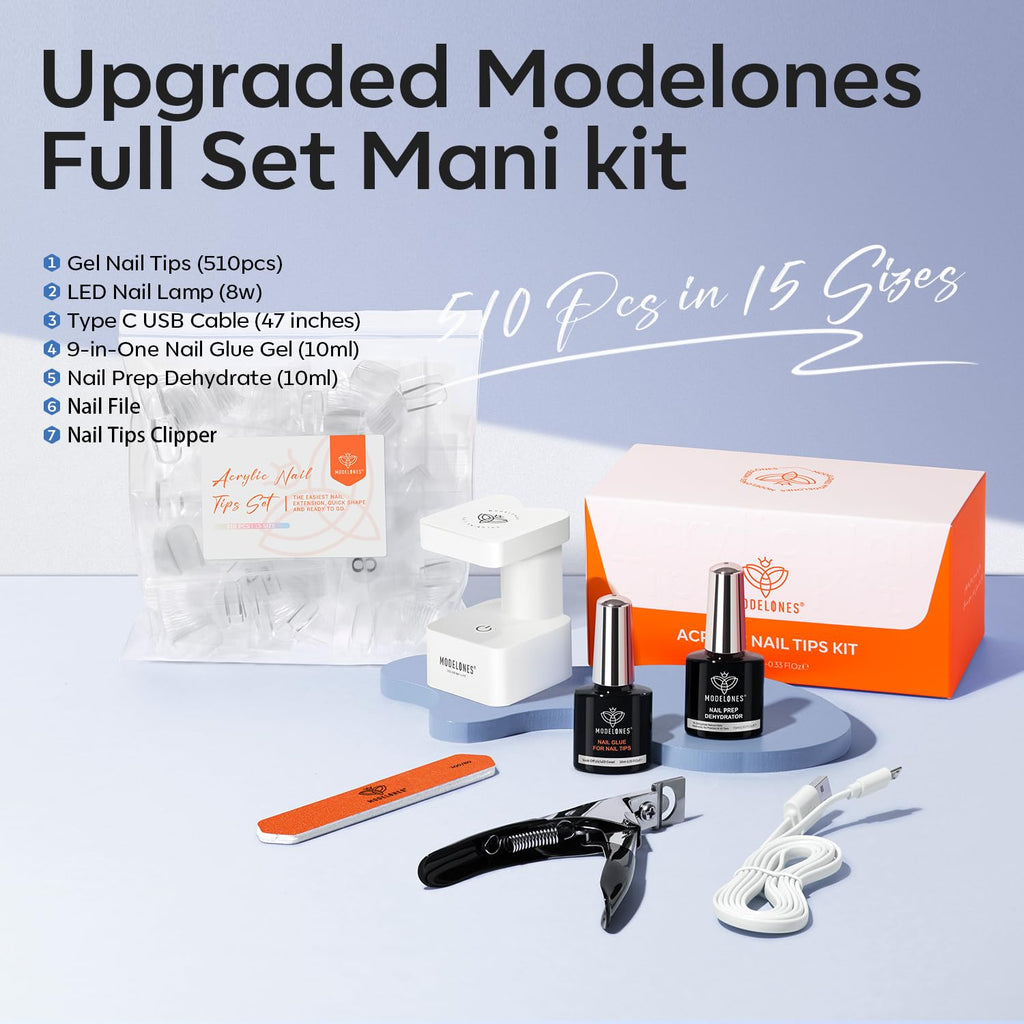 Modelones X Nail Gel Kit Short Coffin – 510pcs, 15 Sizes, 9-in-One Glue, USB UV/LED Lamp