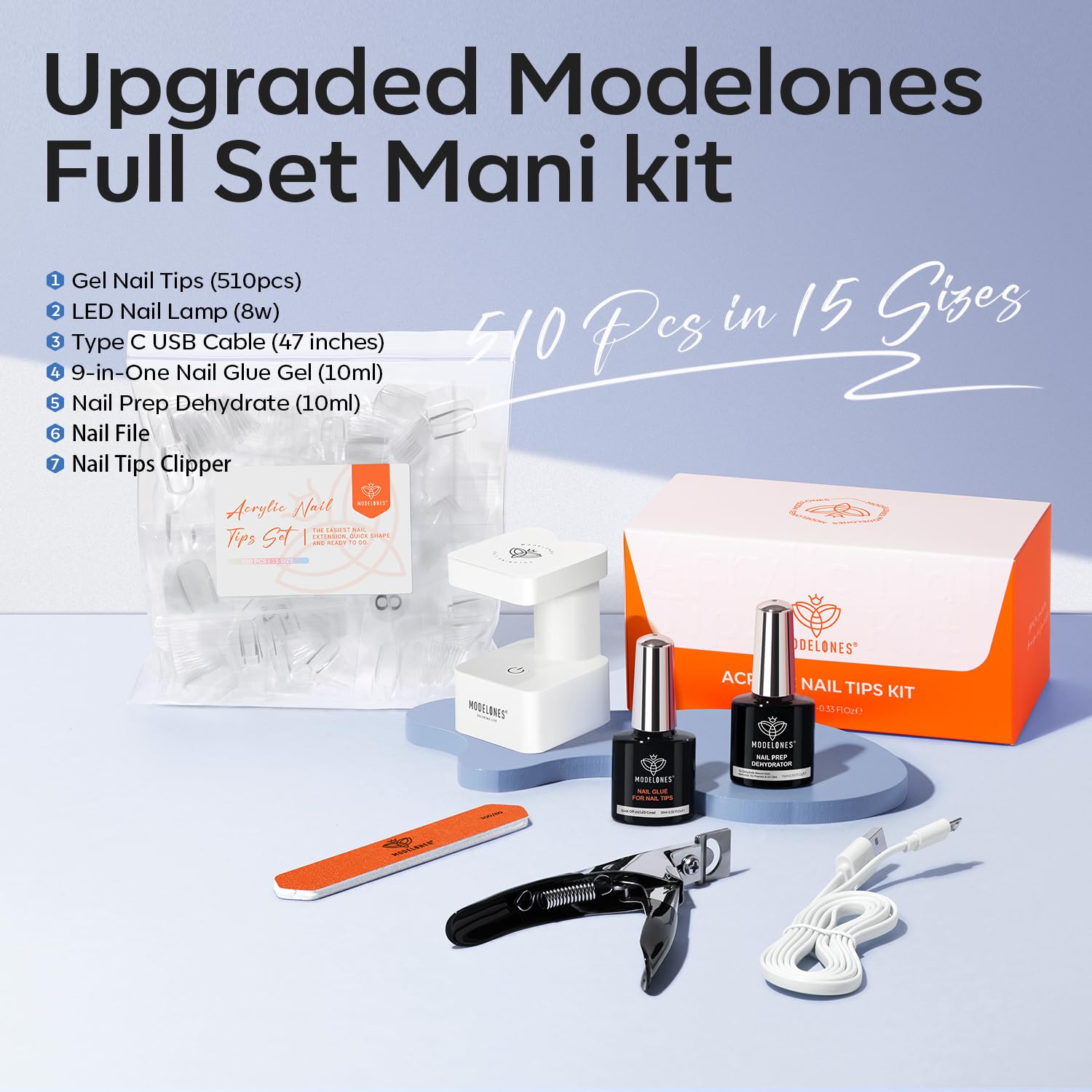 Modelones X Nail Gel Kit Short Coffin – 510pcs, 15 Sizes, 9-in-One Glue, USB UV/LED Lamp