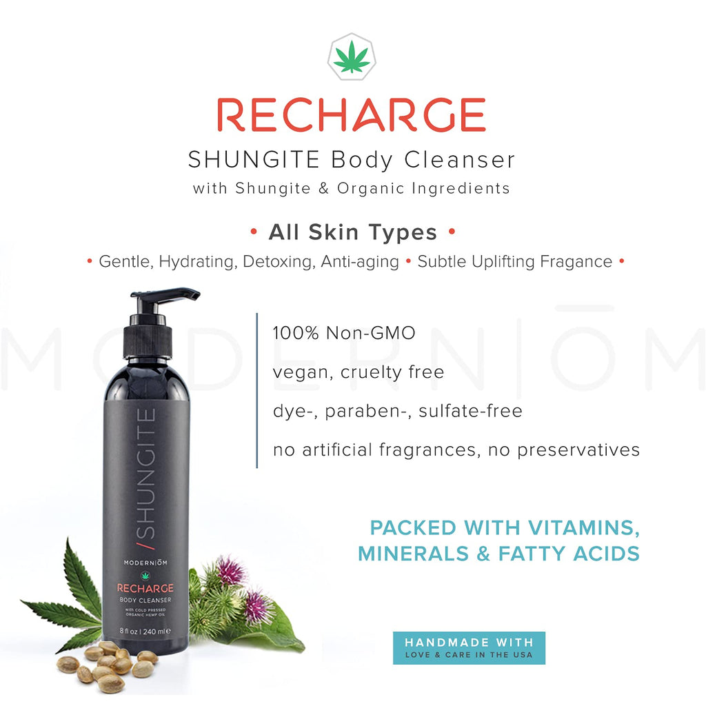 Modern ŌM Shungite Recharge Body Wash with Hemp Seed Oil | Vegan, Organic Cleanser for Face, Hands & Body | Made in USA