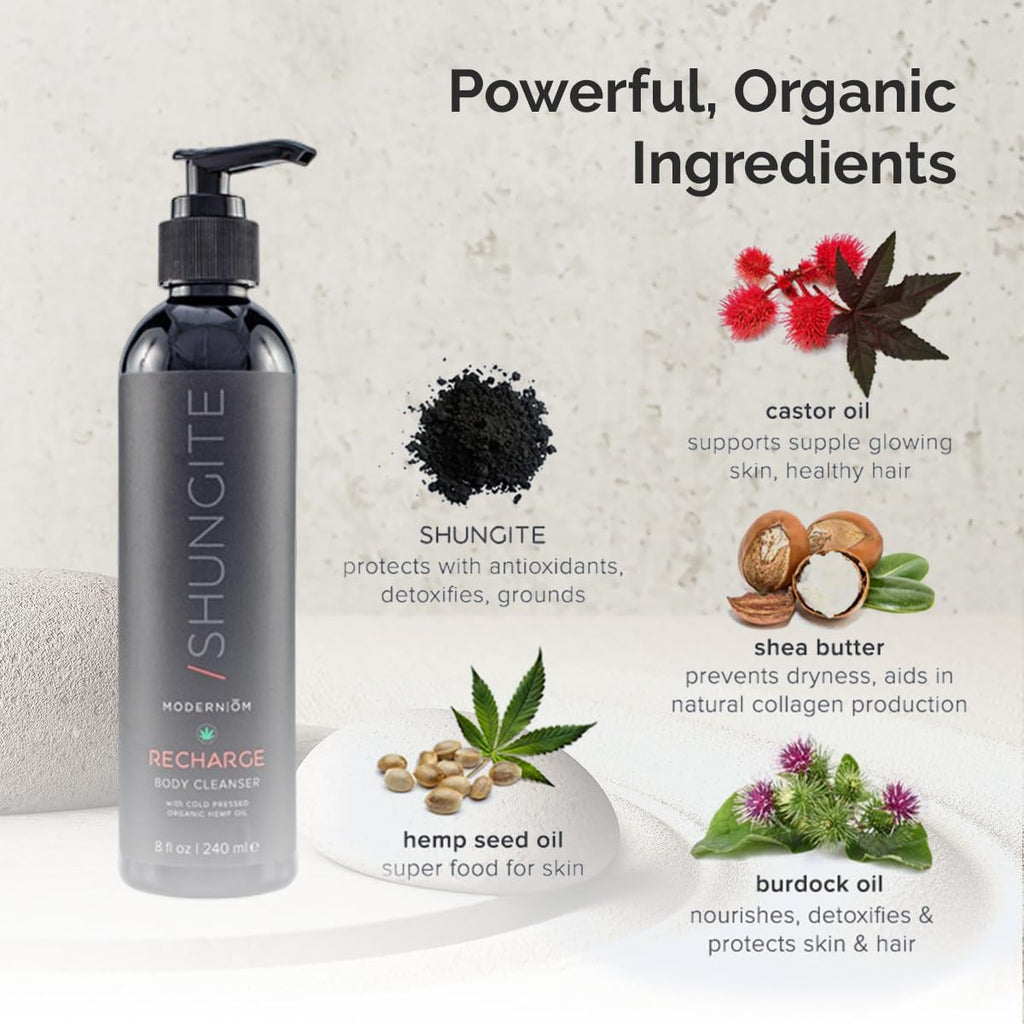 Modern ŌM Shungite Recharge Body Wash with Hemp Seed Oil | Vegan, Organic Cleanser for Face, Hands & Body | Made in USA