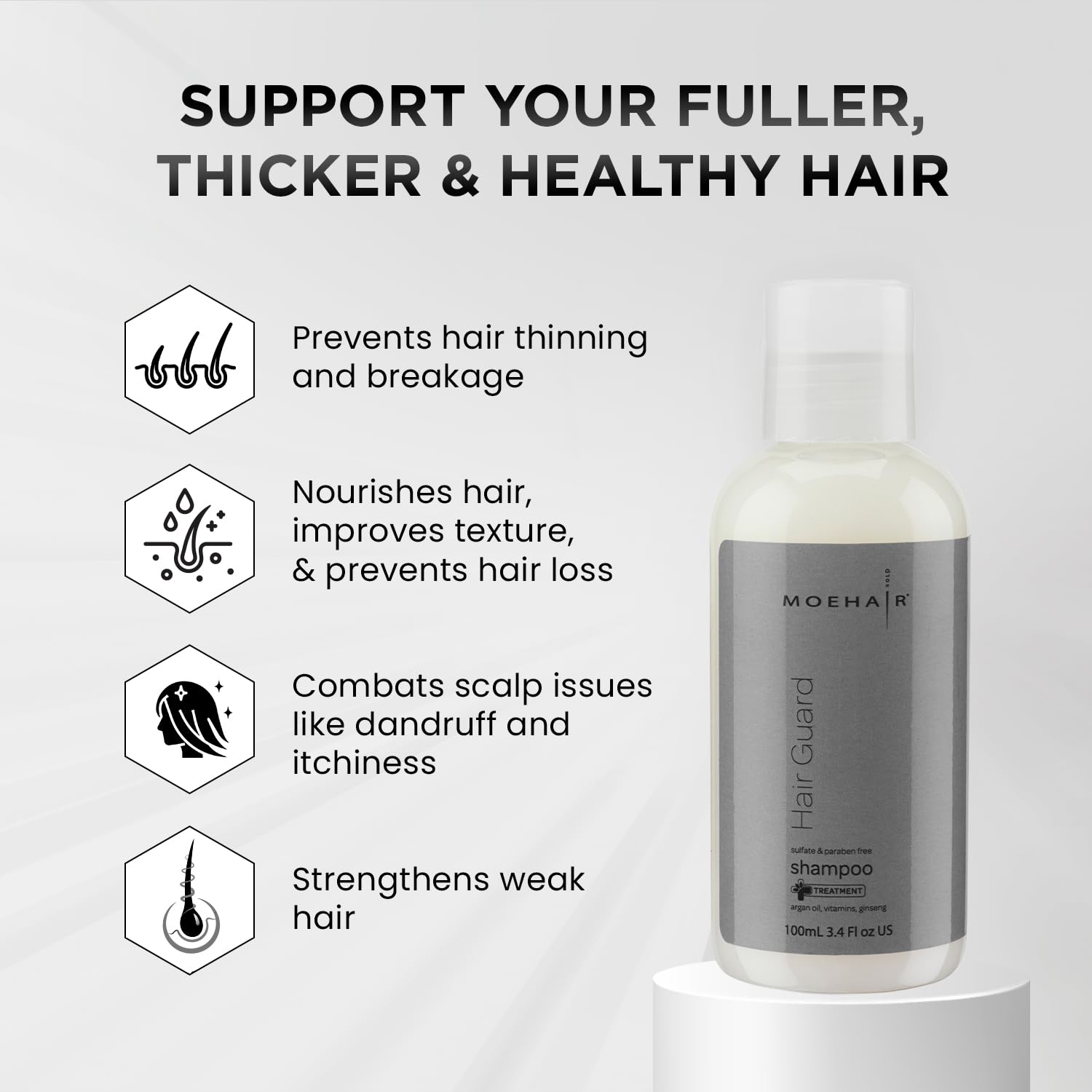 MOEHAIR Hair Guard Shampoo Travel Size — Thickening & Volumizing Cleanser with Argan Oil, Ginseng & Vitamins (3.4 oz)