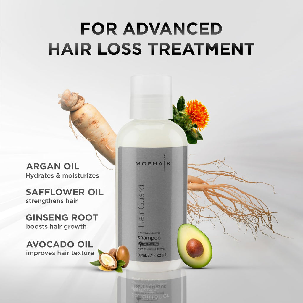 MOEHAIR Hair Guard Shampoo Travel Size — Thickening & Volumizing Cleanser with Argan Oil, Ginseng & Vitamins (3.4 oz)