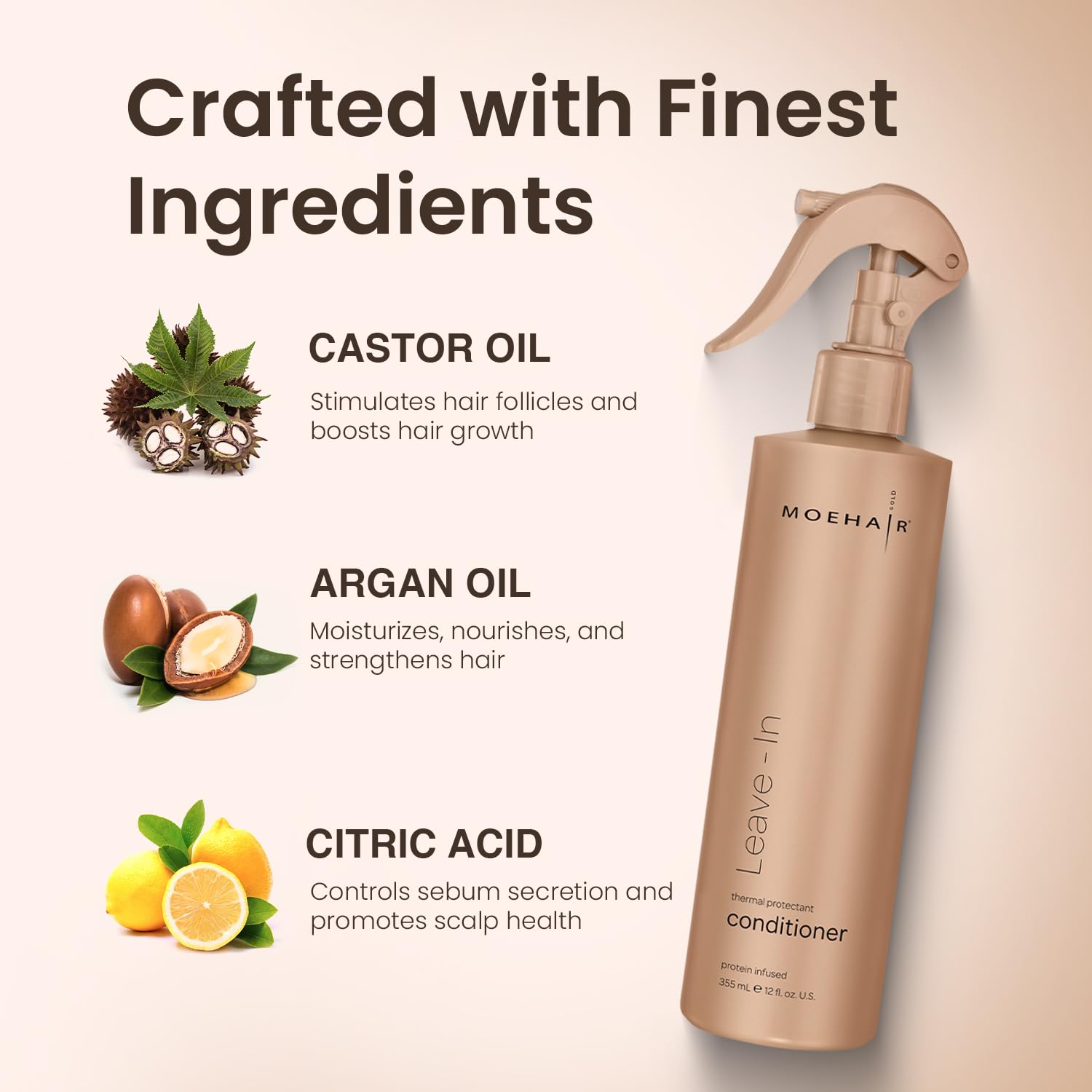 MOEHAIR Leave-in Conditioner (12 Fl Oz) – Argan Oil & Proteins | Detangler for Curly Hair