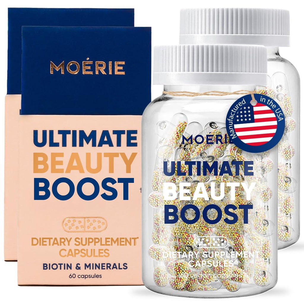 Moerie Hair Growth Supplement – Biotin, Q10 & Minerals for Thicker Hair & Nails – Beadlet Delivery – 120 Capsules