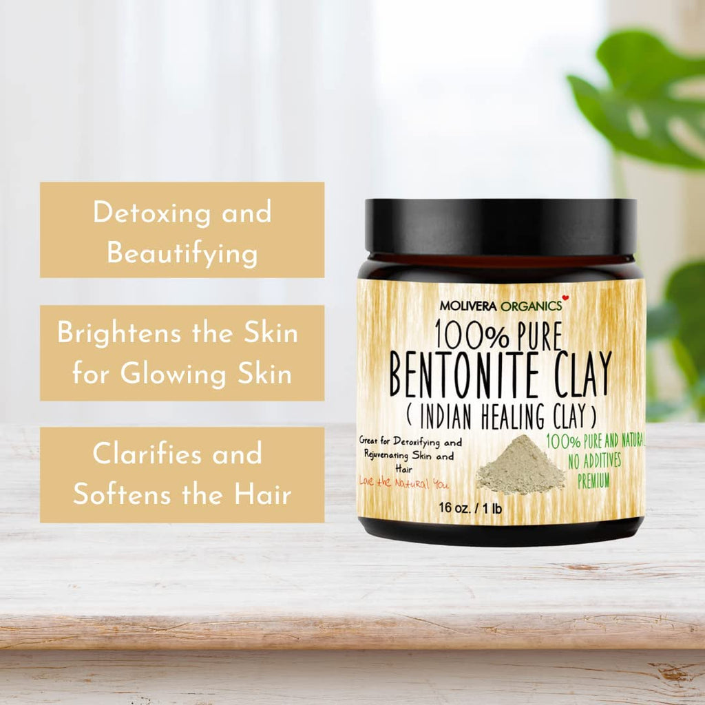 Molivera Organics Premium Bentonite Clay – 1 lb Pure Detoxifying Clay for Face & Hair | USA Made
