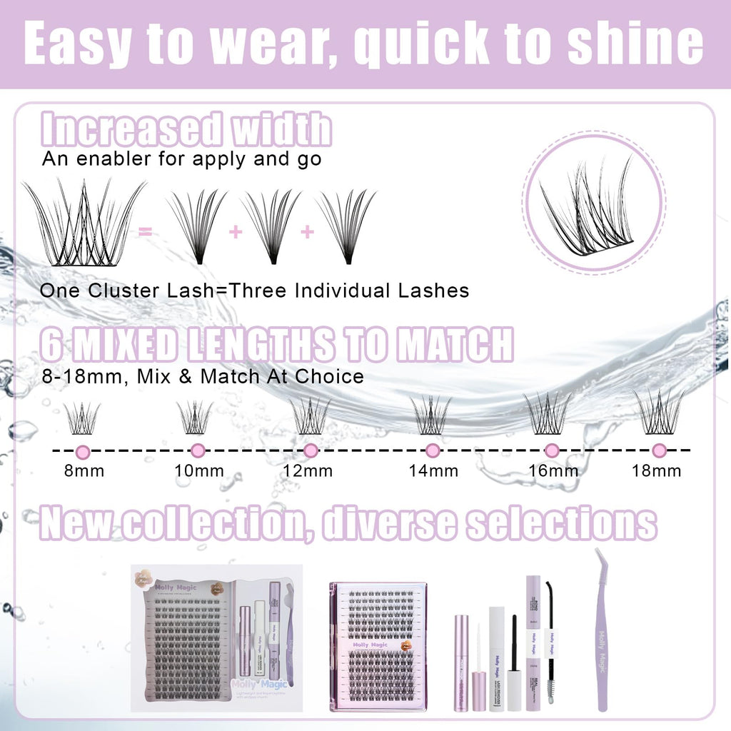 Molly Magic Venus Lash Clusters – Wispy 8–18mm D-Curl DIY Lashes with Invisible 0.03mm Band
