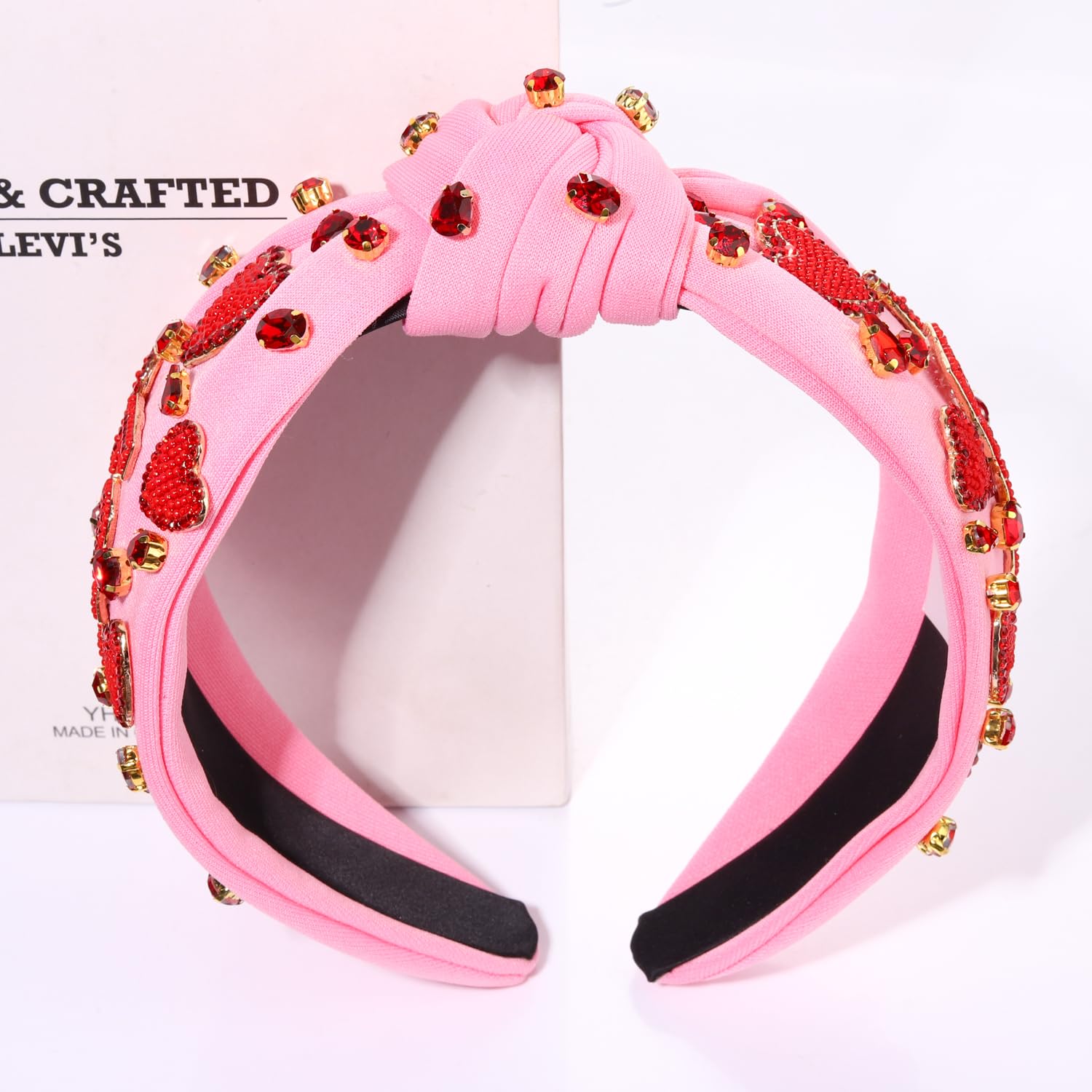 MOLOCH Valentine's Day Beaded Heart Headband – Pink Top Knot Hair Accessory for Women