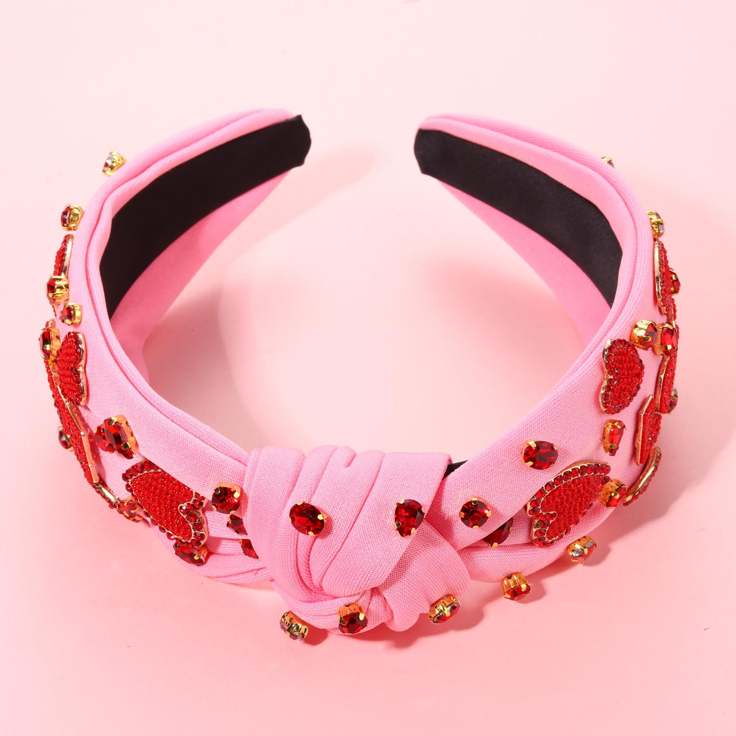 MOLOCH Valentine's Day Beaded Heart Headband – Pink Top Knot Hair Accessory for Women
