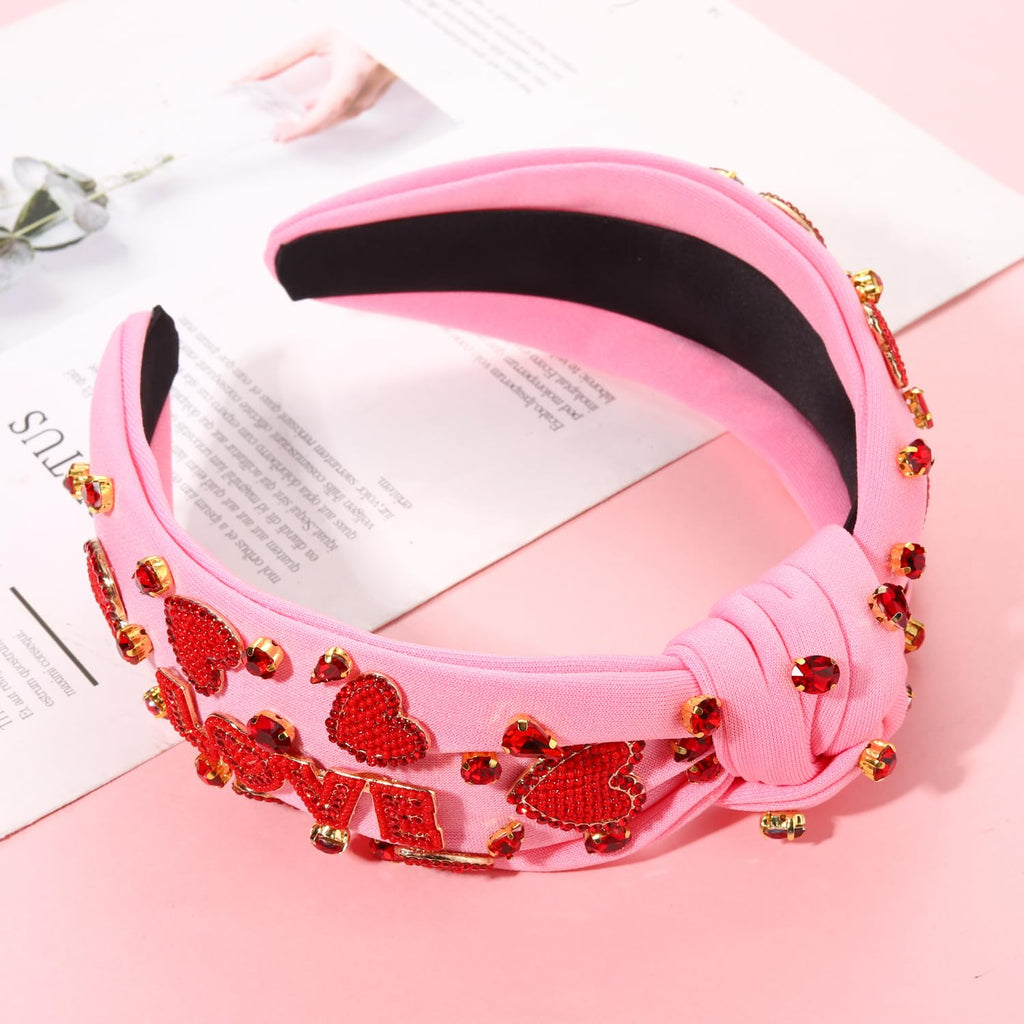 MOLOCH Valentine's Day Beaded Heart Headband – Pink Top Knot Hair Accessory for Women