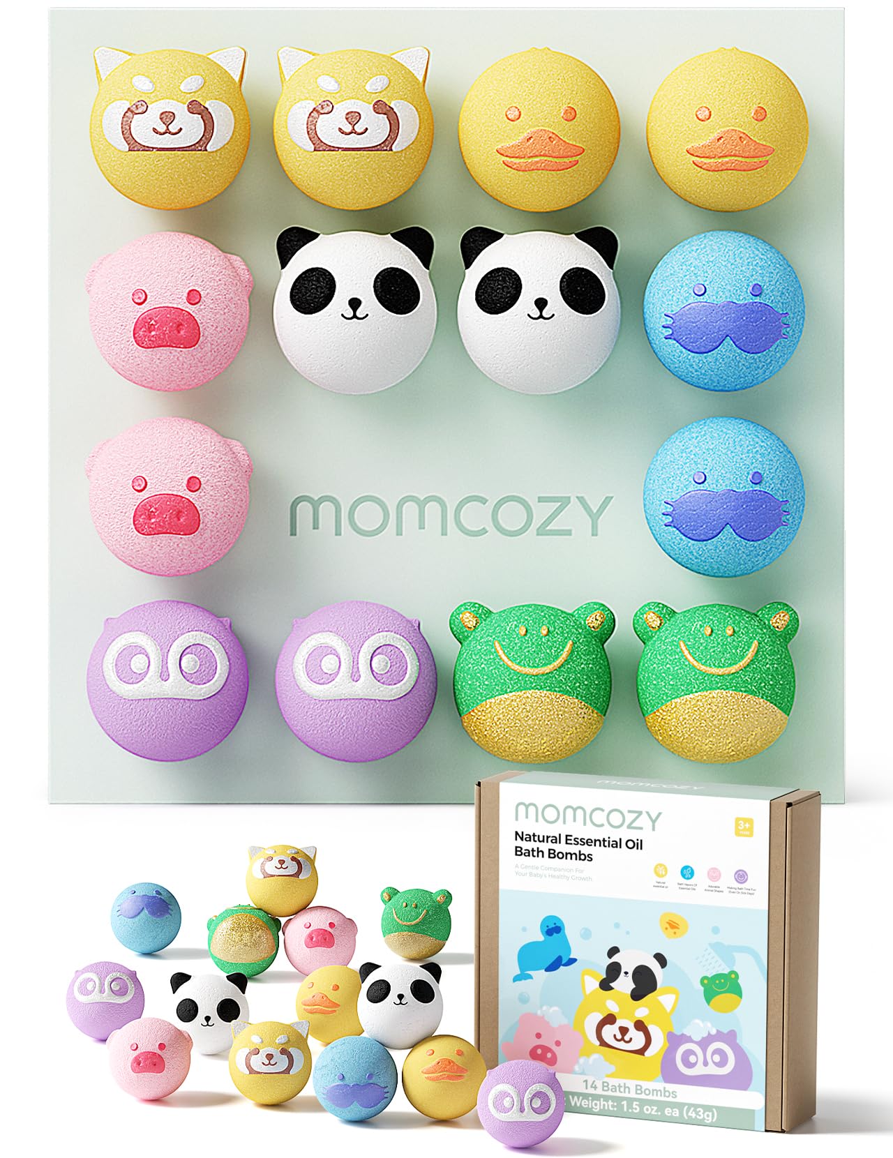 Momcozy 14-Pack Animal Bath Bombs with Essential Oils – 7 Cute Animal Shapes for Fun, Calming Bath Time