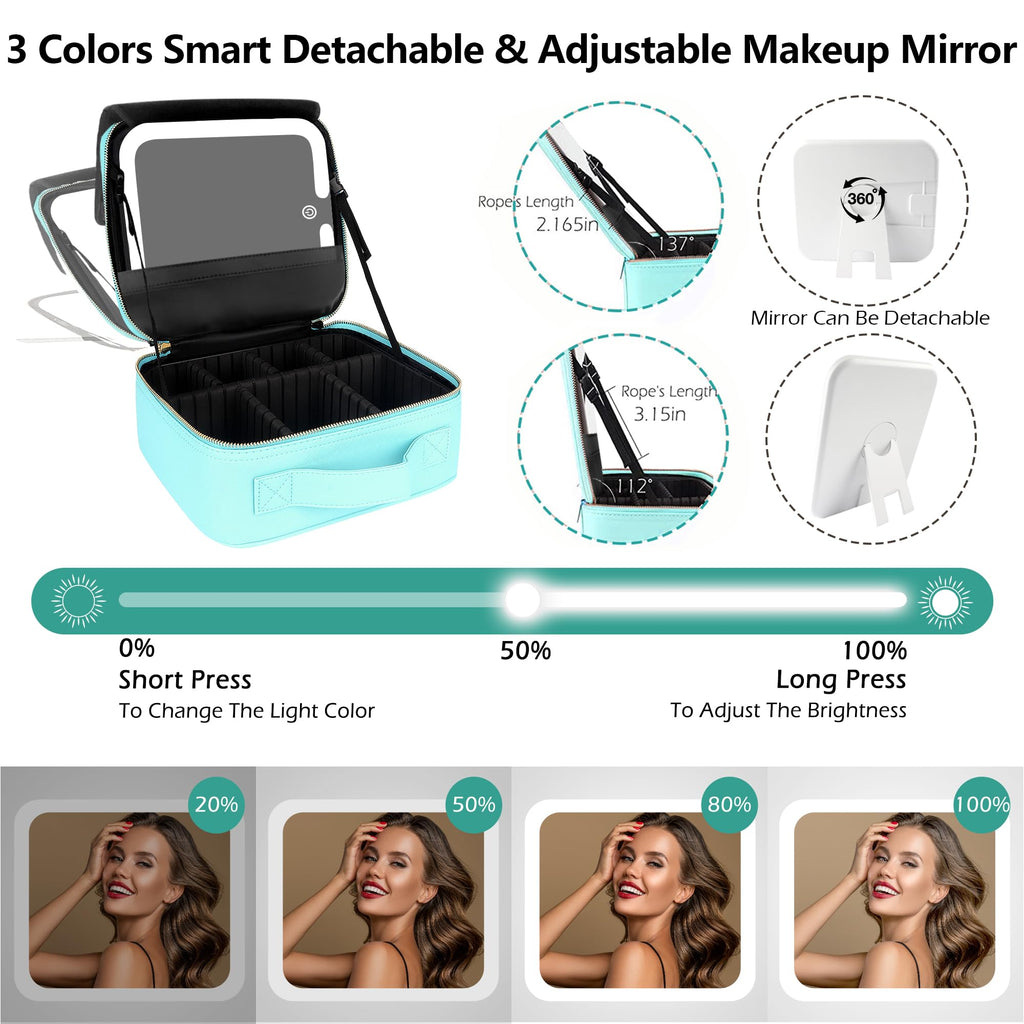 MOMIRA Travel Makeup Bag with Lighted Mirror – Waterproof, Adjustable Brightness, 6-Partition Organizer