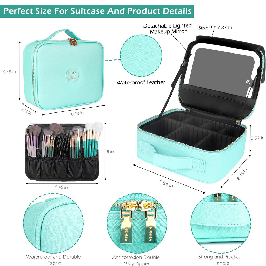 MOMIRA Travel Makeup Bag with Lighted Mirror – Waterproof, Adjustable Brightness, 6-Partition Organizer