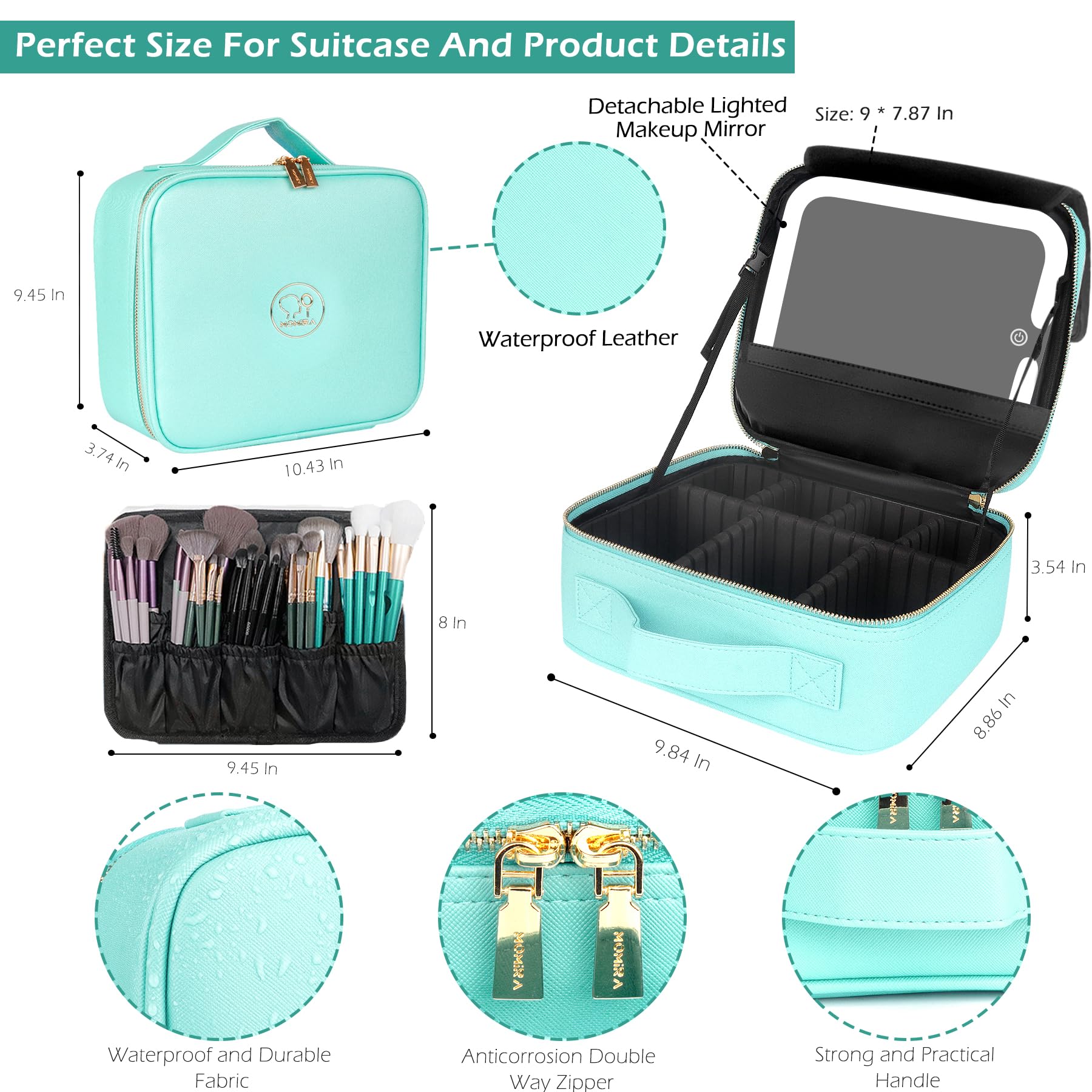 MOMIRA Travel Makeup Bag with Lighted Mirror – Waterproof, Adjustable Brightness, 6-Partition Organizer