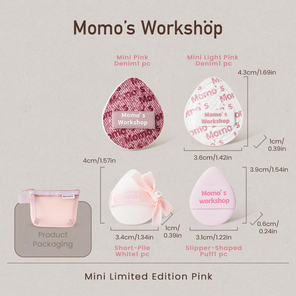 Momo's Workshop Mini Denim Makeup Sponge Set – 4 Pink Sponges + Travel Pouch