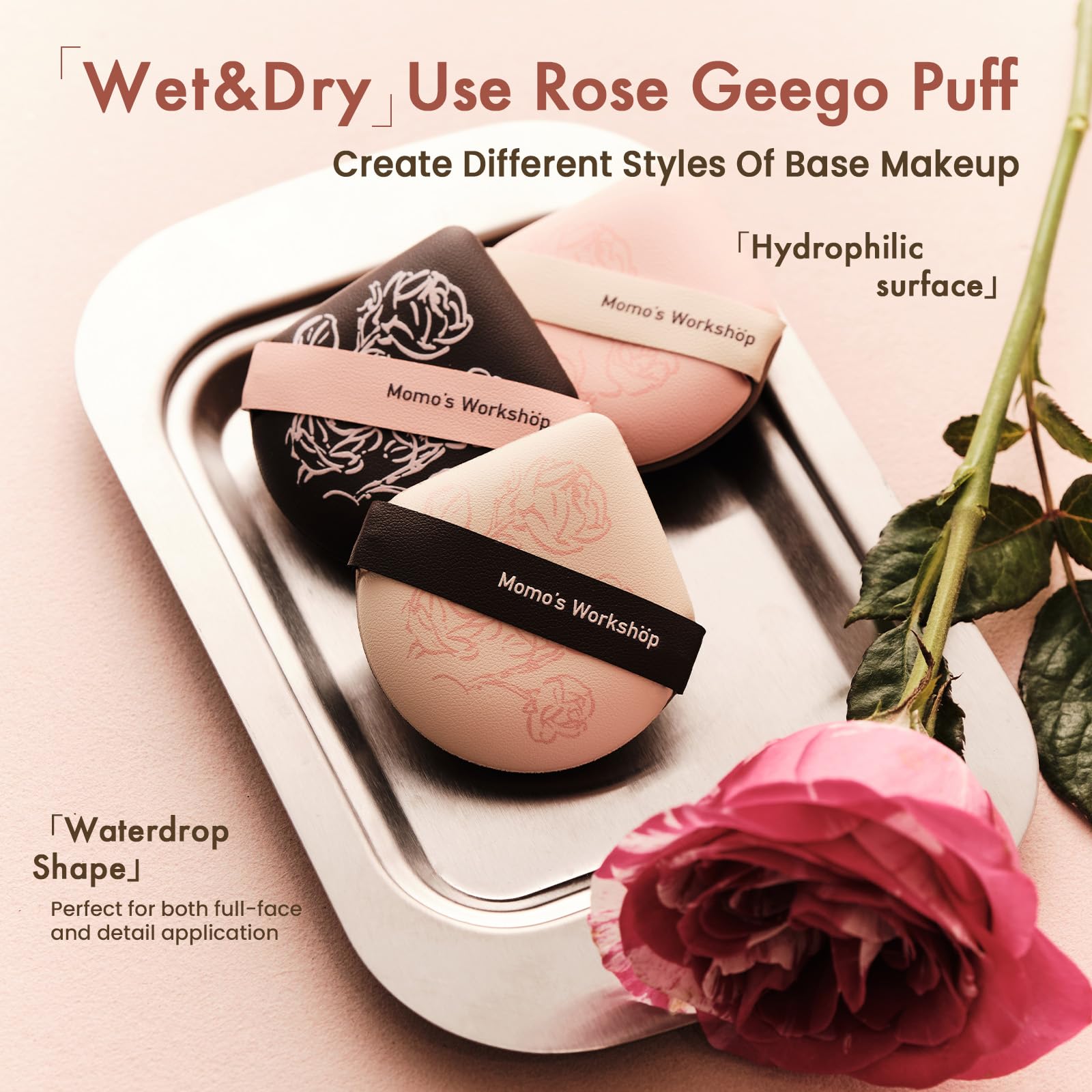 Momo's Workshop Rose Series Makeup Sponge Set | Hydrophilic Sponges for Dry/Wet Use + Storage Case